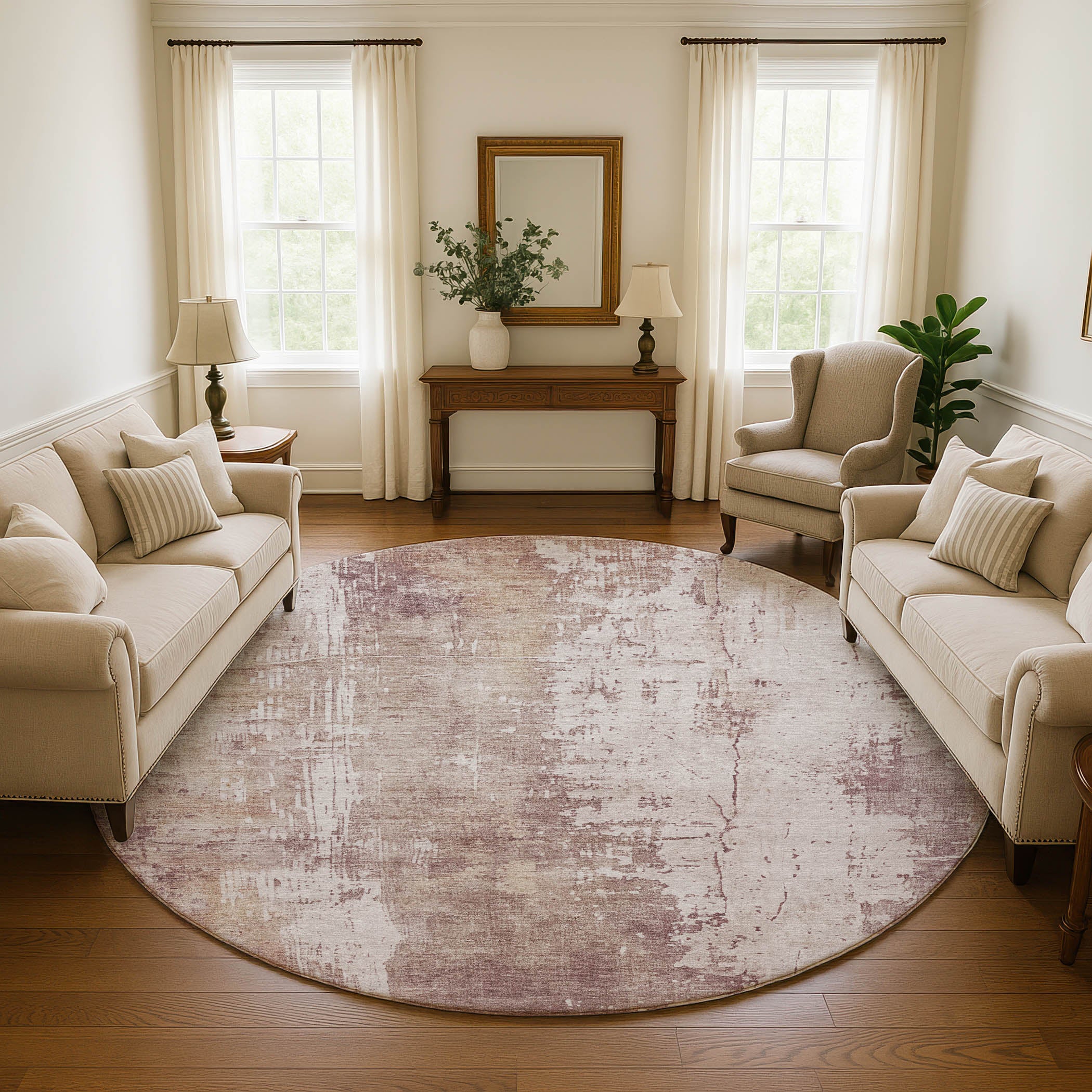 Bogota Machine Washable Transitional Blush Pink Rug 8' x 8' #shape_Round
