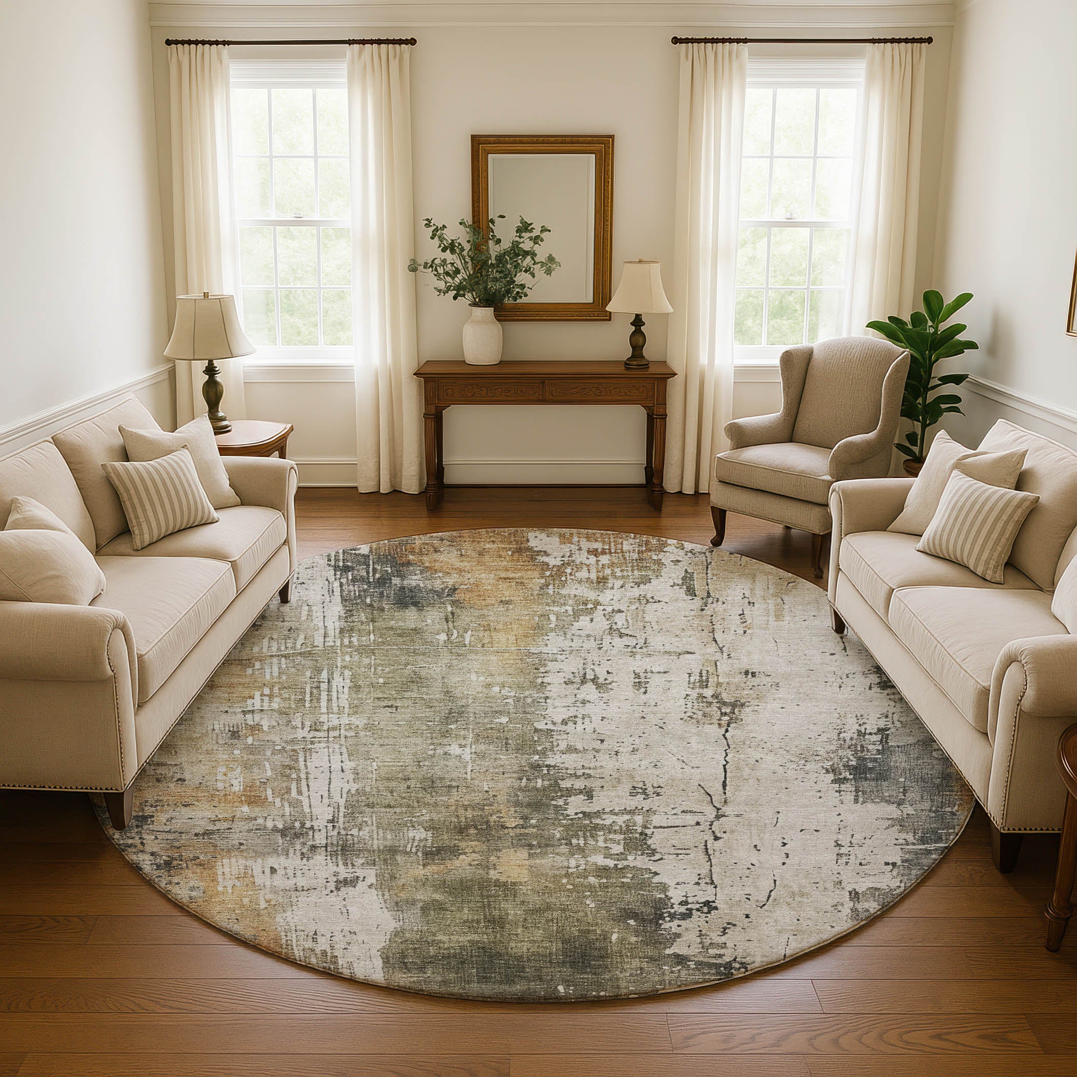 Bogota Machine Washable Transitional Olive Green Rug 8' x 8' #shape_Round