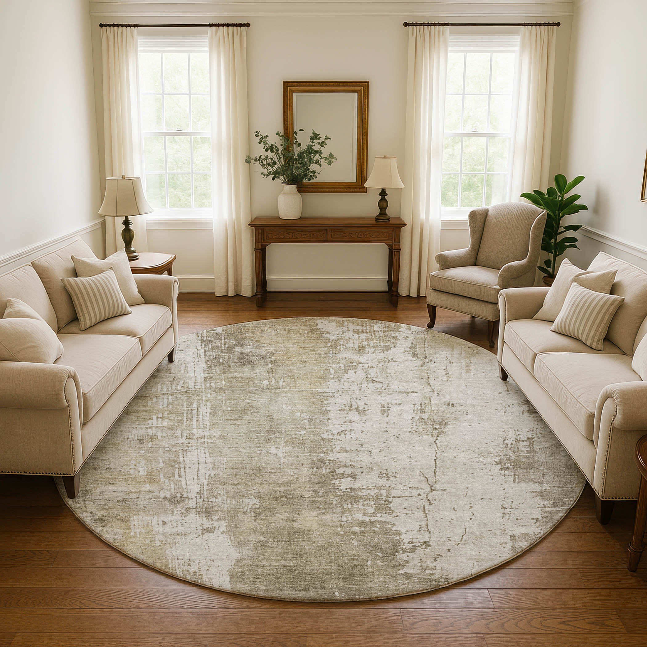 Bogota Machine Washable Transitional Taupe Brown Rug 8' x 8' #shape_Round