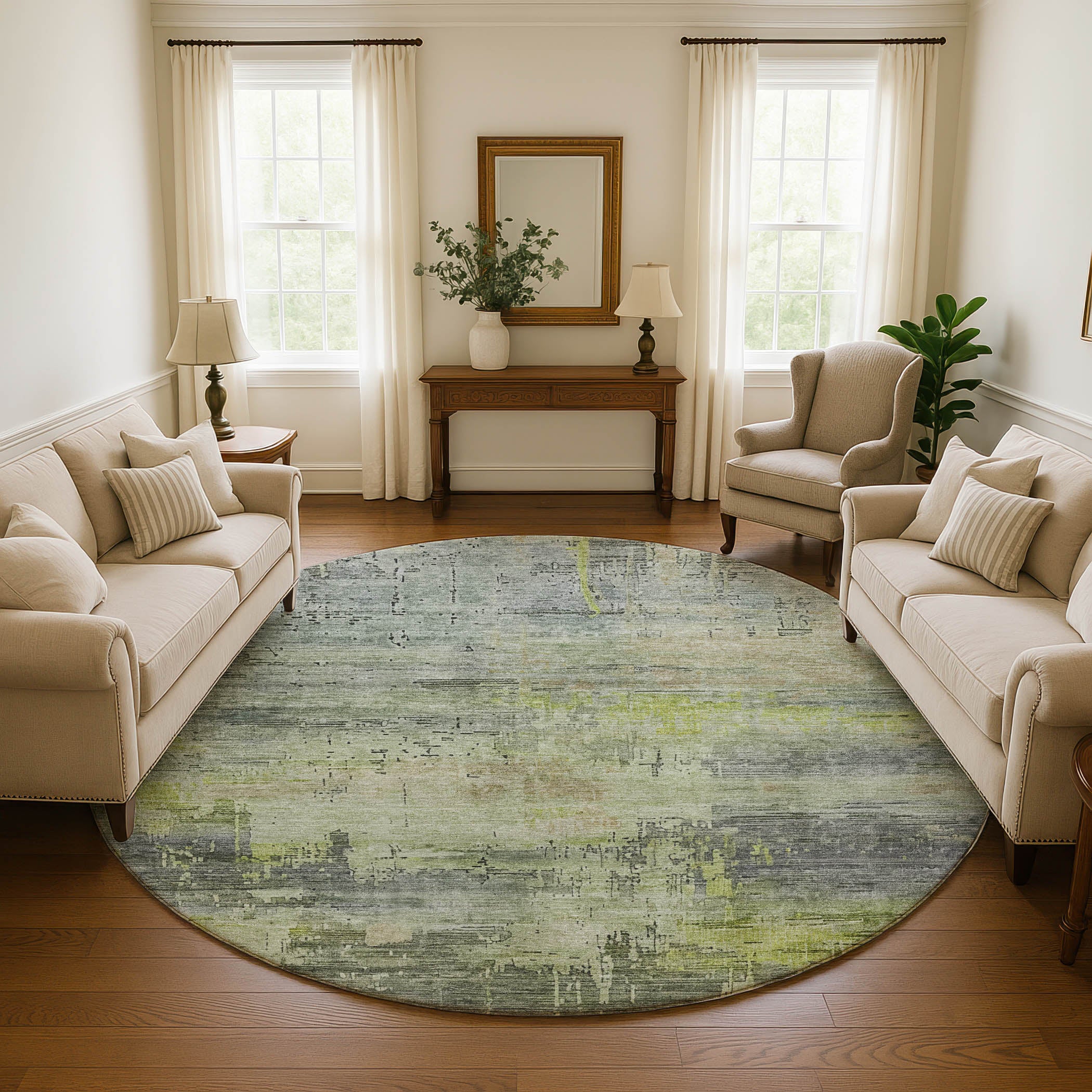 Seoul Machine Washable Transitional Aloe Green Rug 8' x 8' #shape_Round