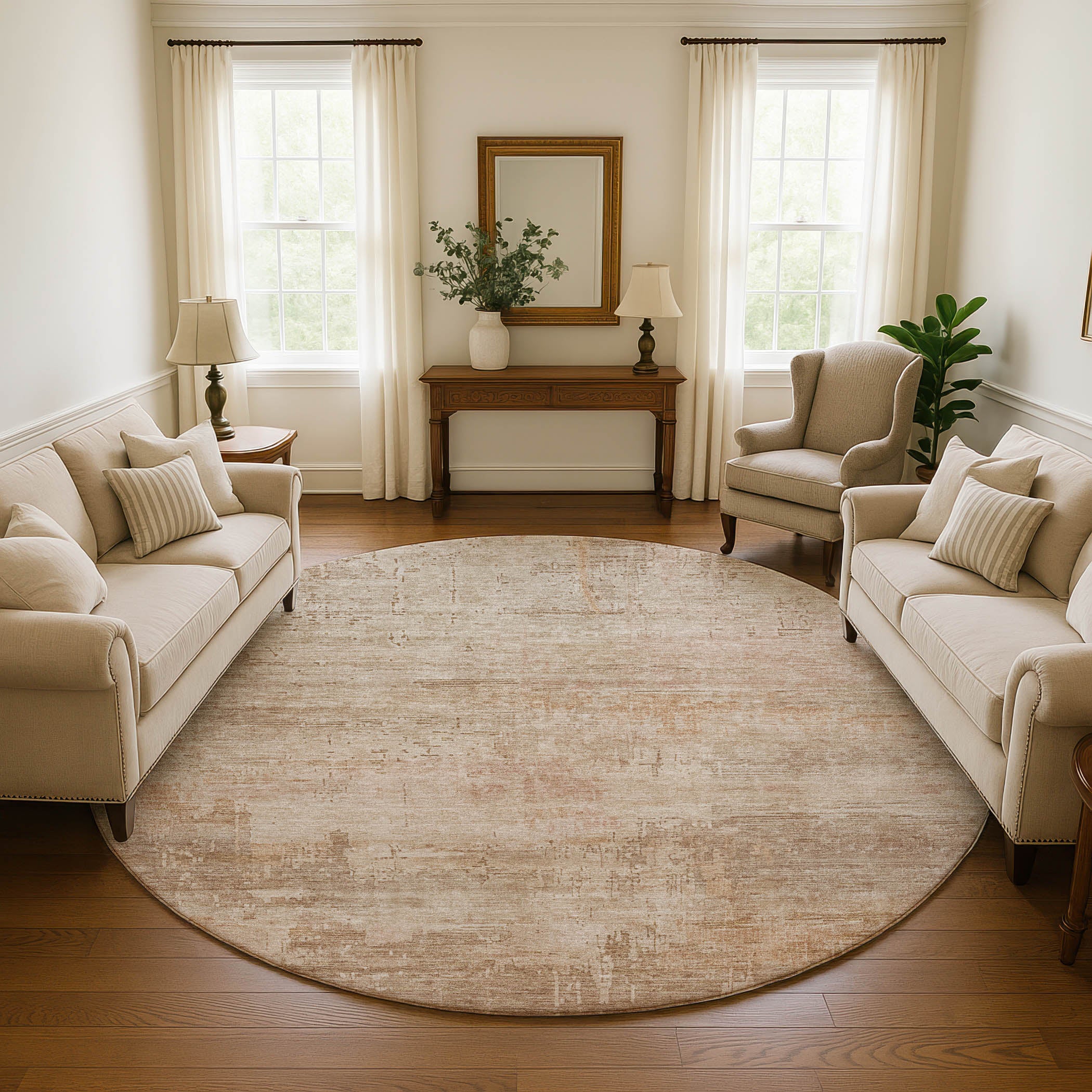 Seoul Machine Washable Transitional Coral Orange Rug 8' x 8' #shape_Round