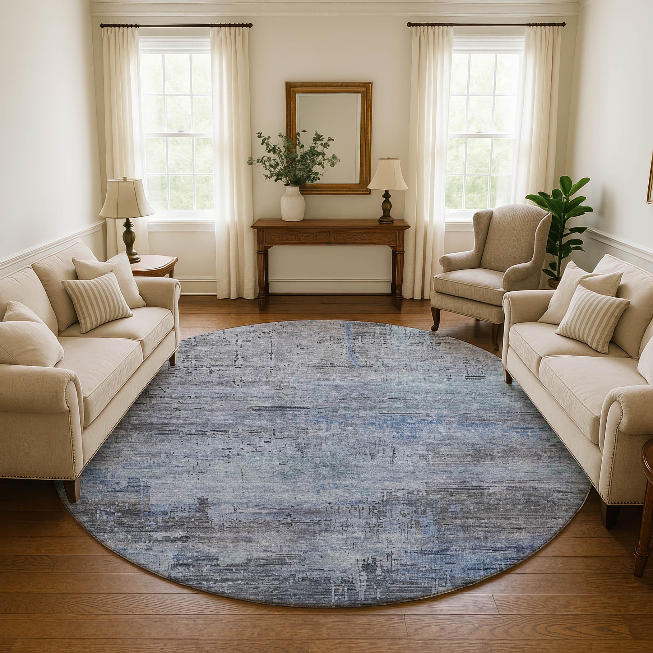 Seoul Machine Washable Transitional Gray Rug 8' x 8' #shape_Round