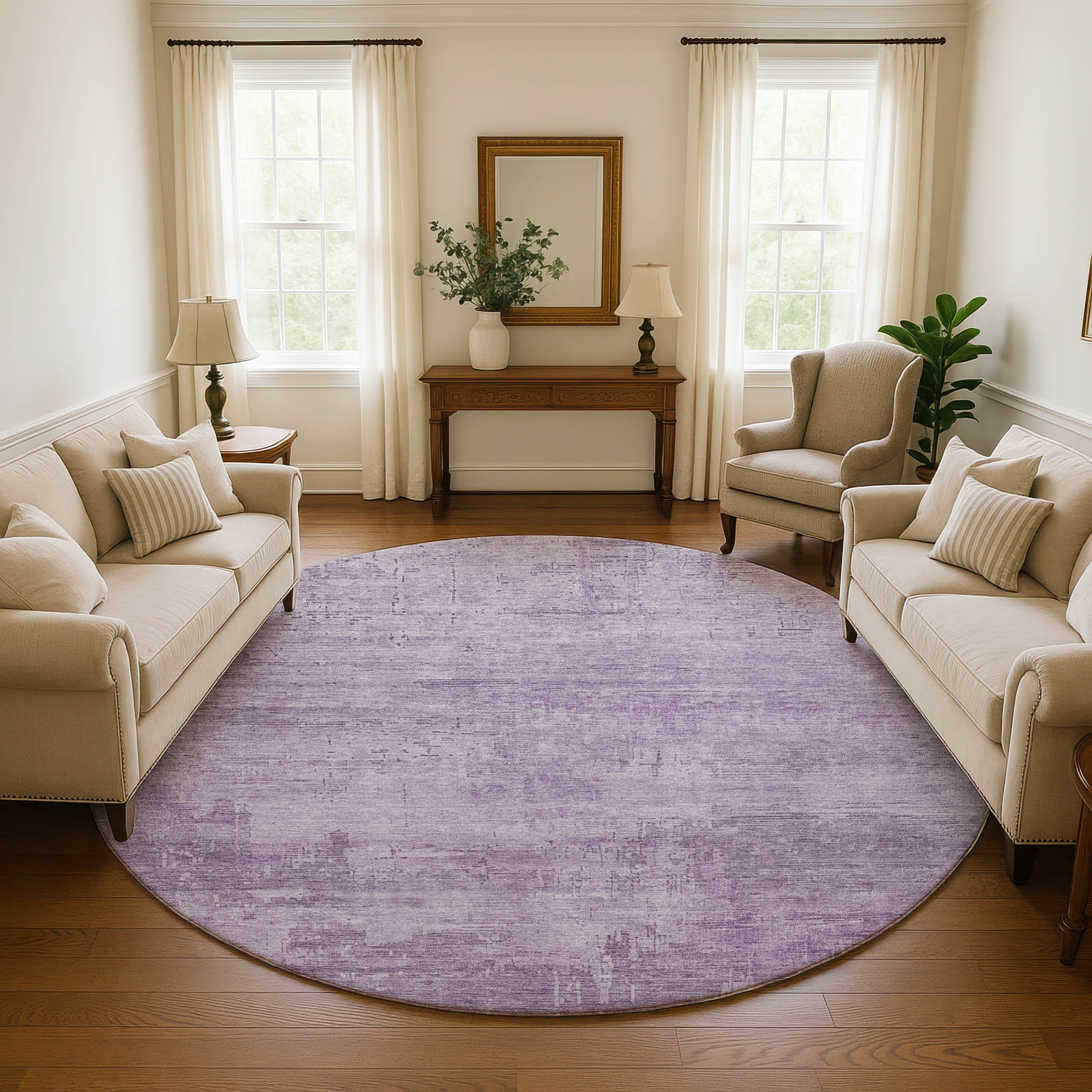 Seoul Machine Washable Transitional Lavender Purple Rug 8' x 8' #shape_Round