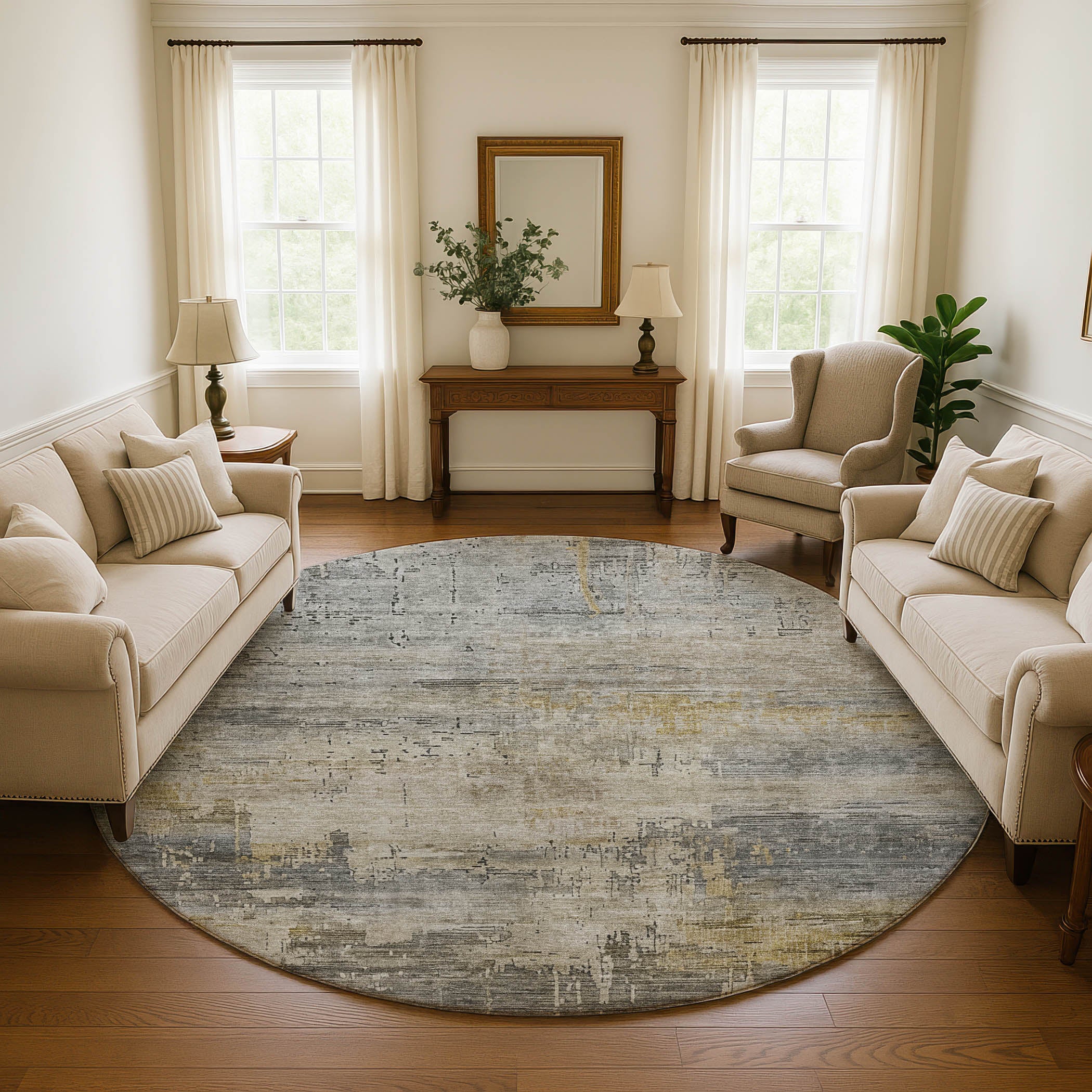 Seoul Machine Washable Transitional Pewter Gray Rug 8' x 8' #shape_Round