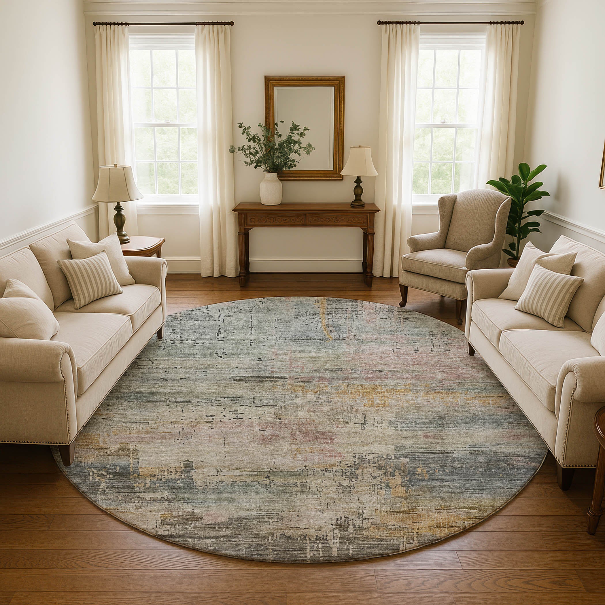 Seoul Machine Washable Transitional Sage Green Rug 8' x 8' #shape_Round