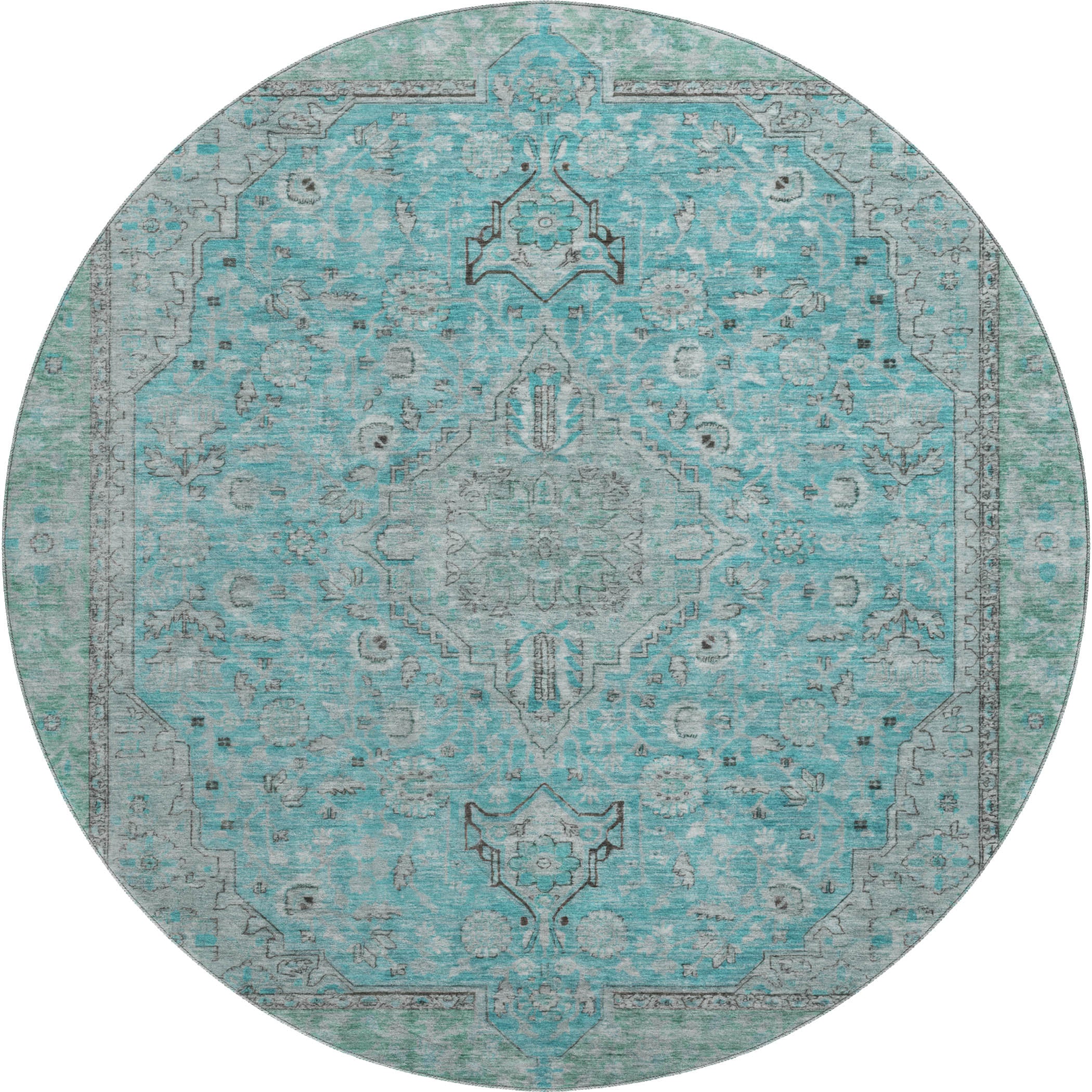 Vienna Machine Washable Traditional Aqua Teal Rug 8' x 8' #shape_Round