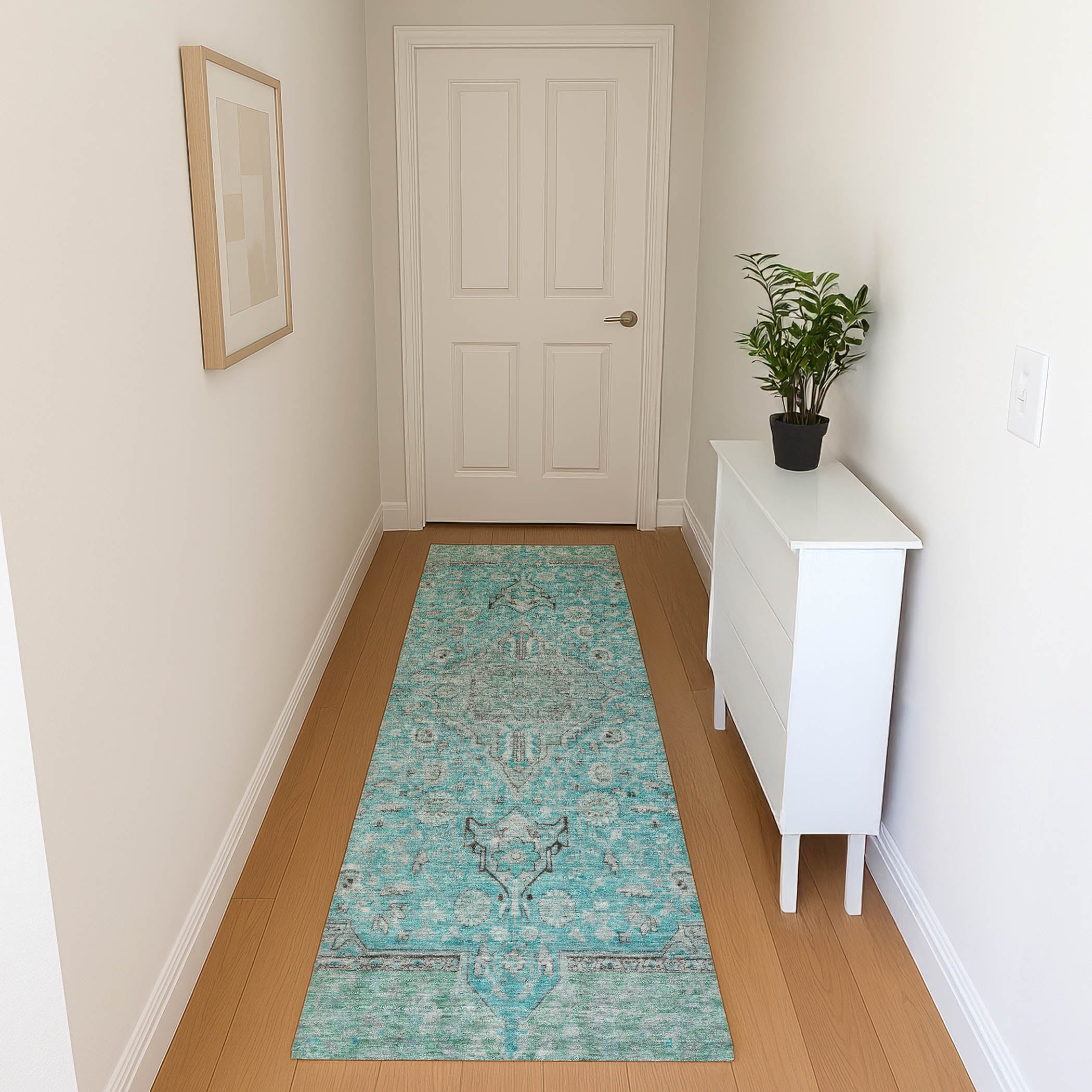 Vienna Machine Washable Traditional Aqua Teal Rug 2'3" x 7'6" #shape_Runner