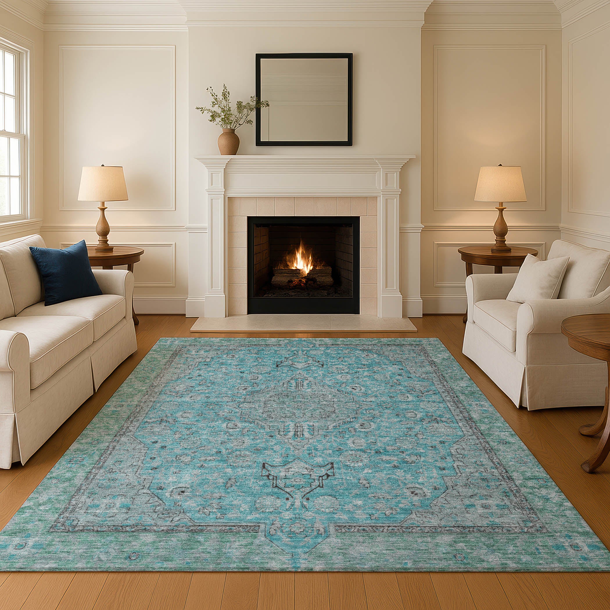 Vienna Machine Washable Traditional Aqua Teal Rug 2'6" x 3'10" #shape_Rectangle