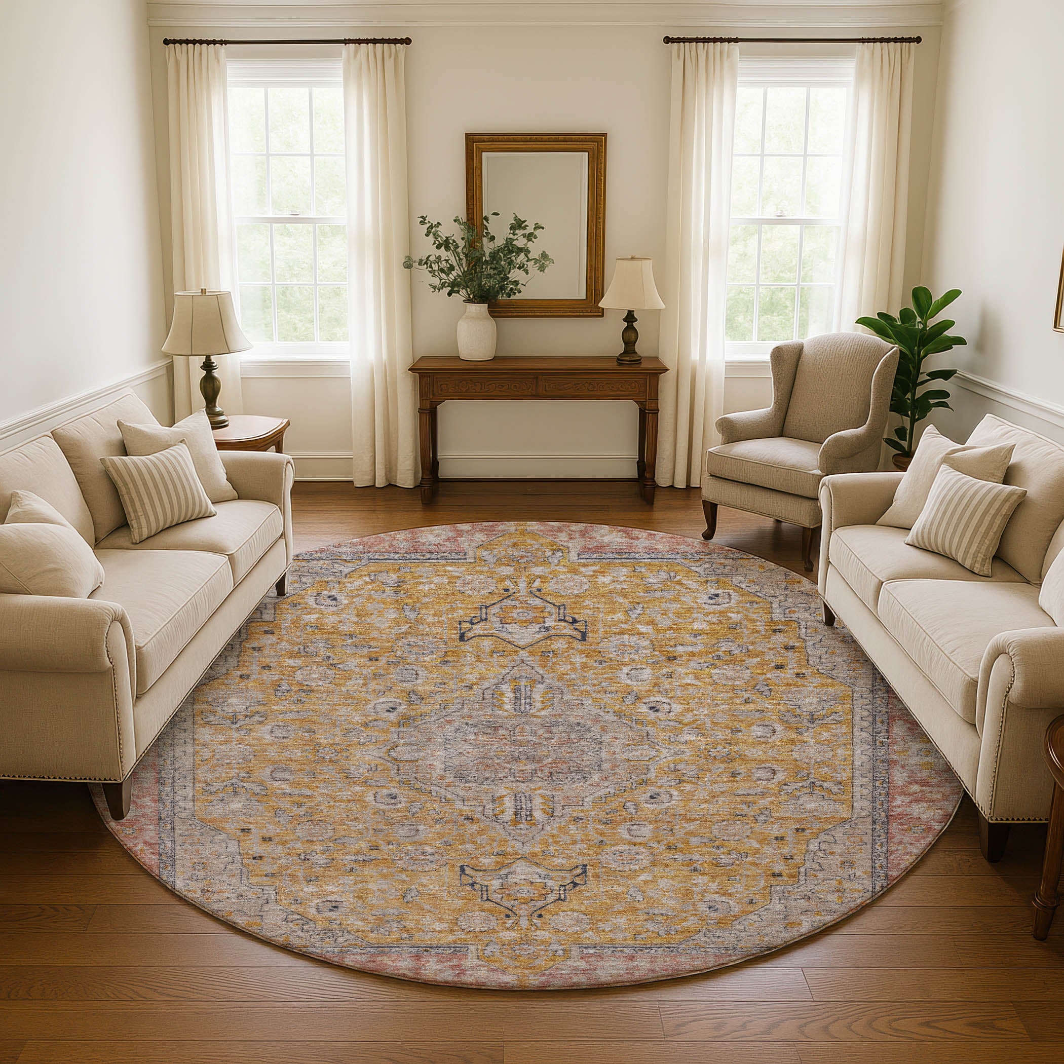 Vienna Machine Washable Traditional Gold Rug 8' x 8' #shape_Round