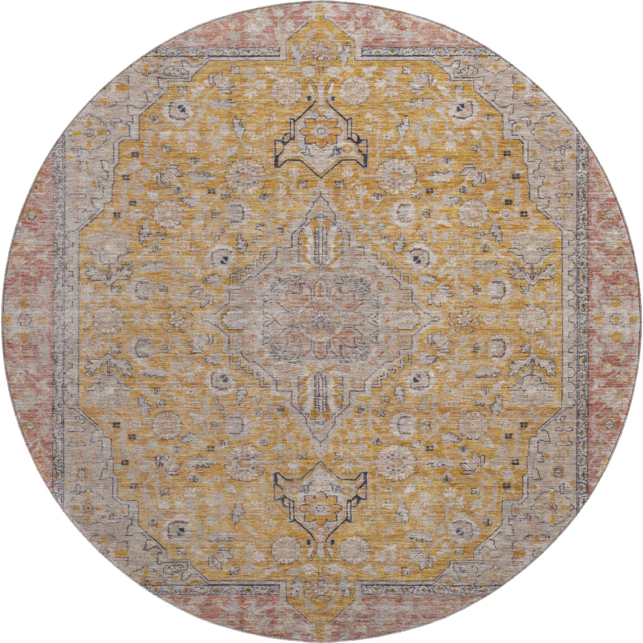 Vienna Machine Washable Traditional Gold Rug 8' x 8' #shape_Round