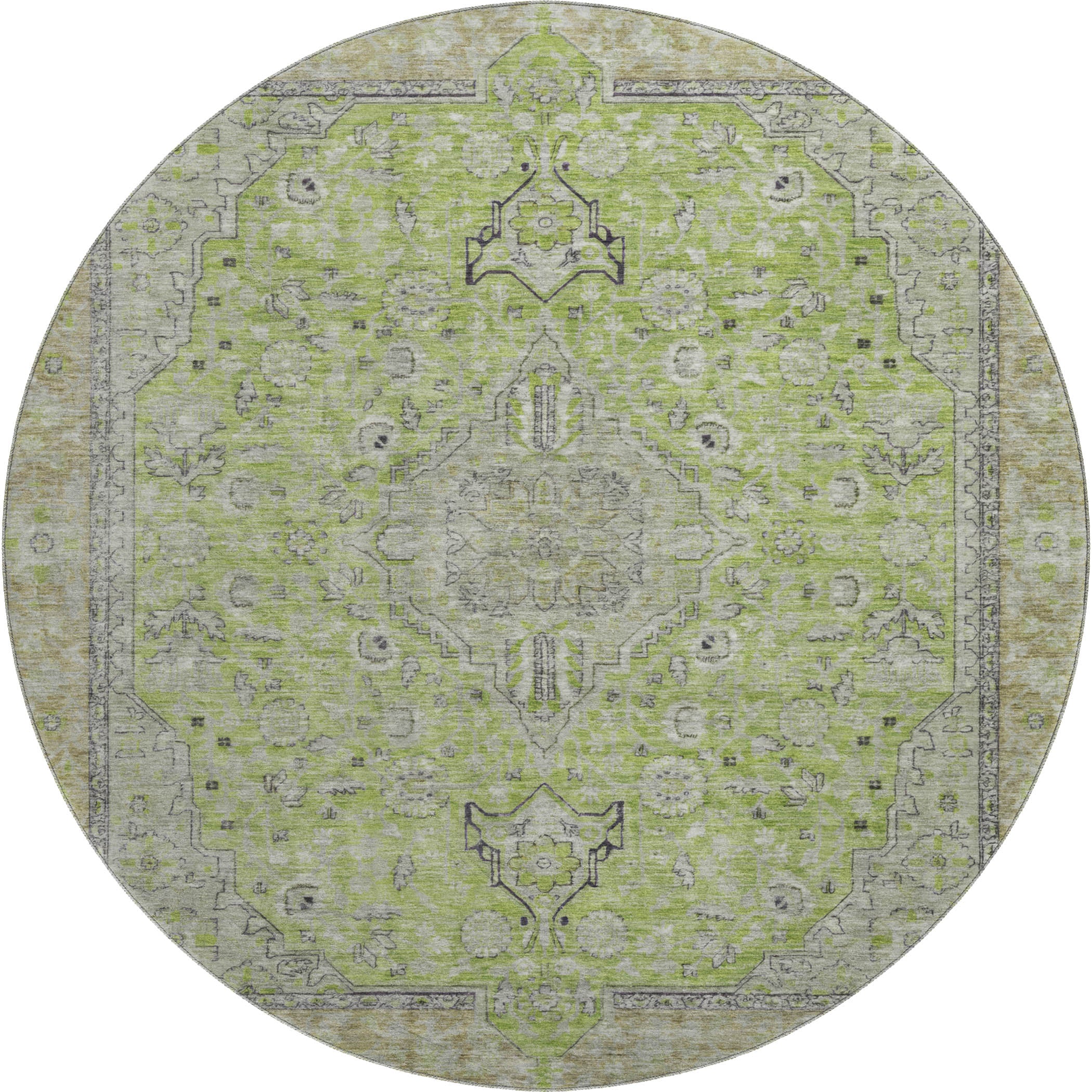 Vienna Machine Washable Traditional Lime Green Rug 8' x 8' #shape_Round