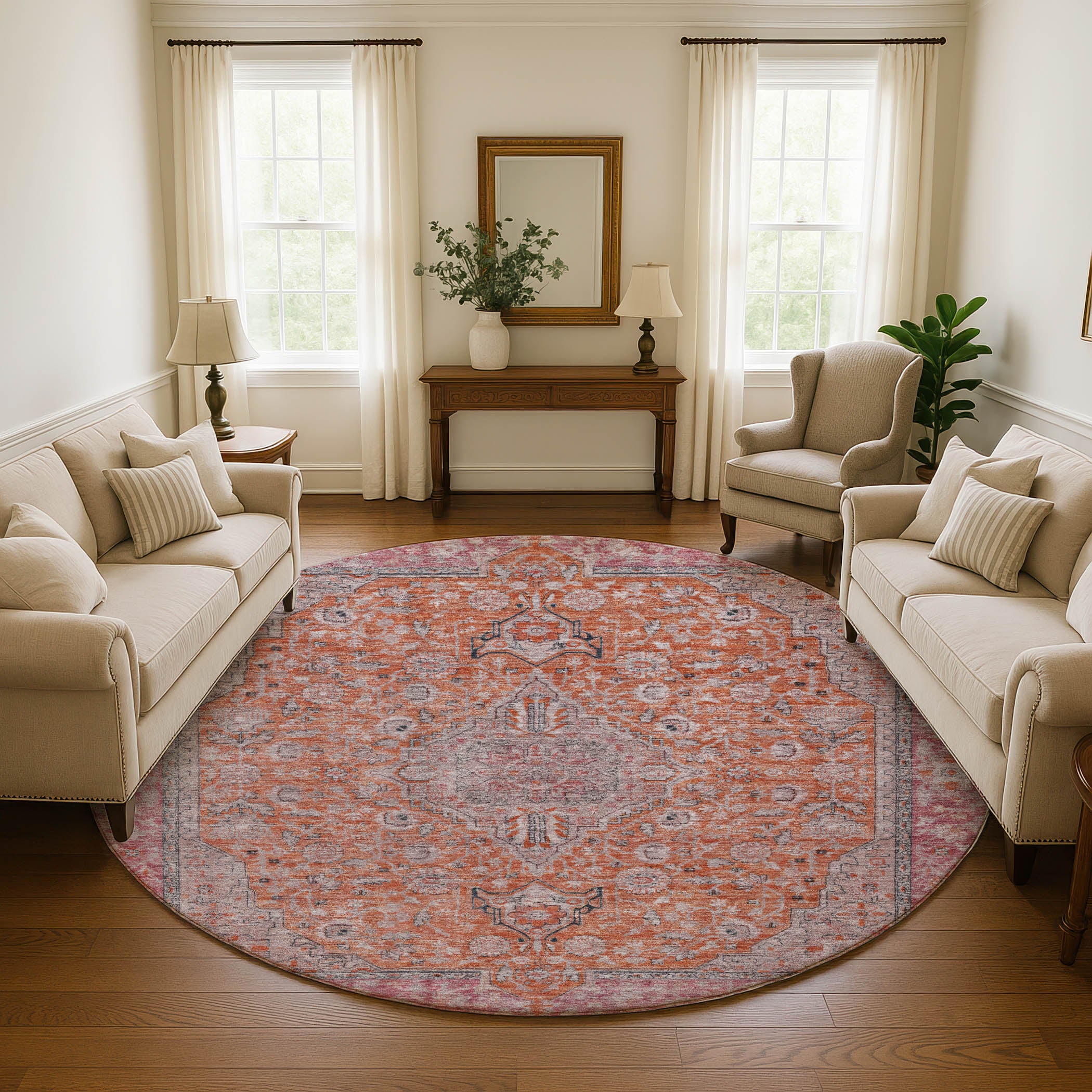 Vienna Machine Washable Traditional Orange Rug 8' x 8' #shape_Round