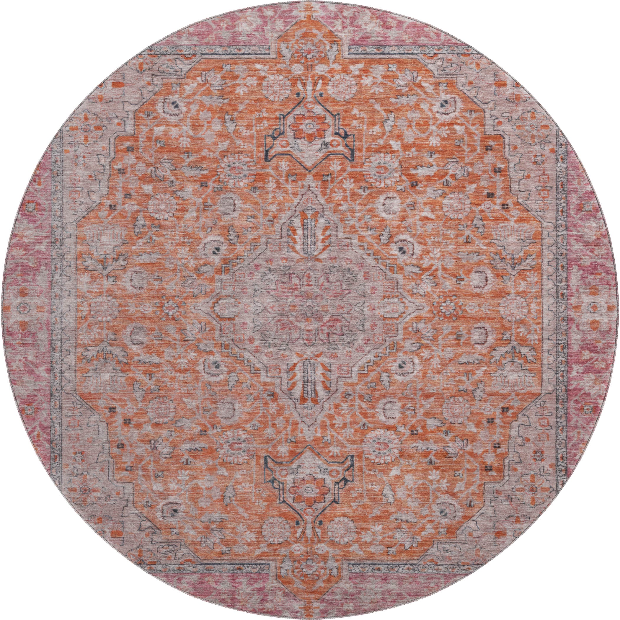 Vienna Machine Washable Traditional Orange Rug 8' x 8' #shape_Round