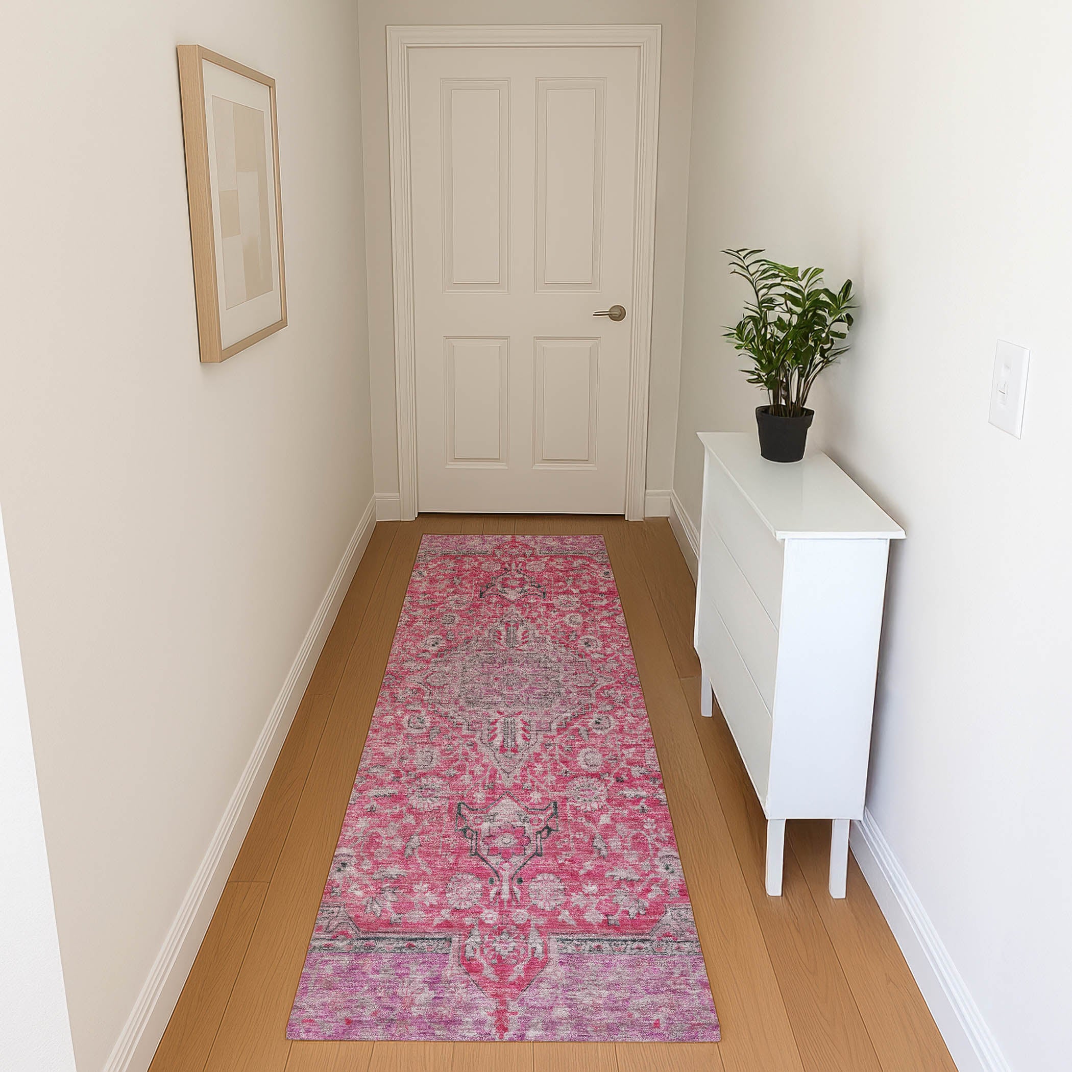 Vienna Machine Washable Traditional Pink Rug 2'3" x 7'6" #shape_Runner