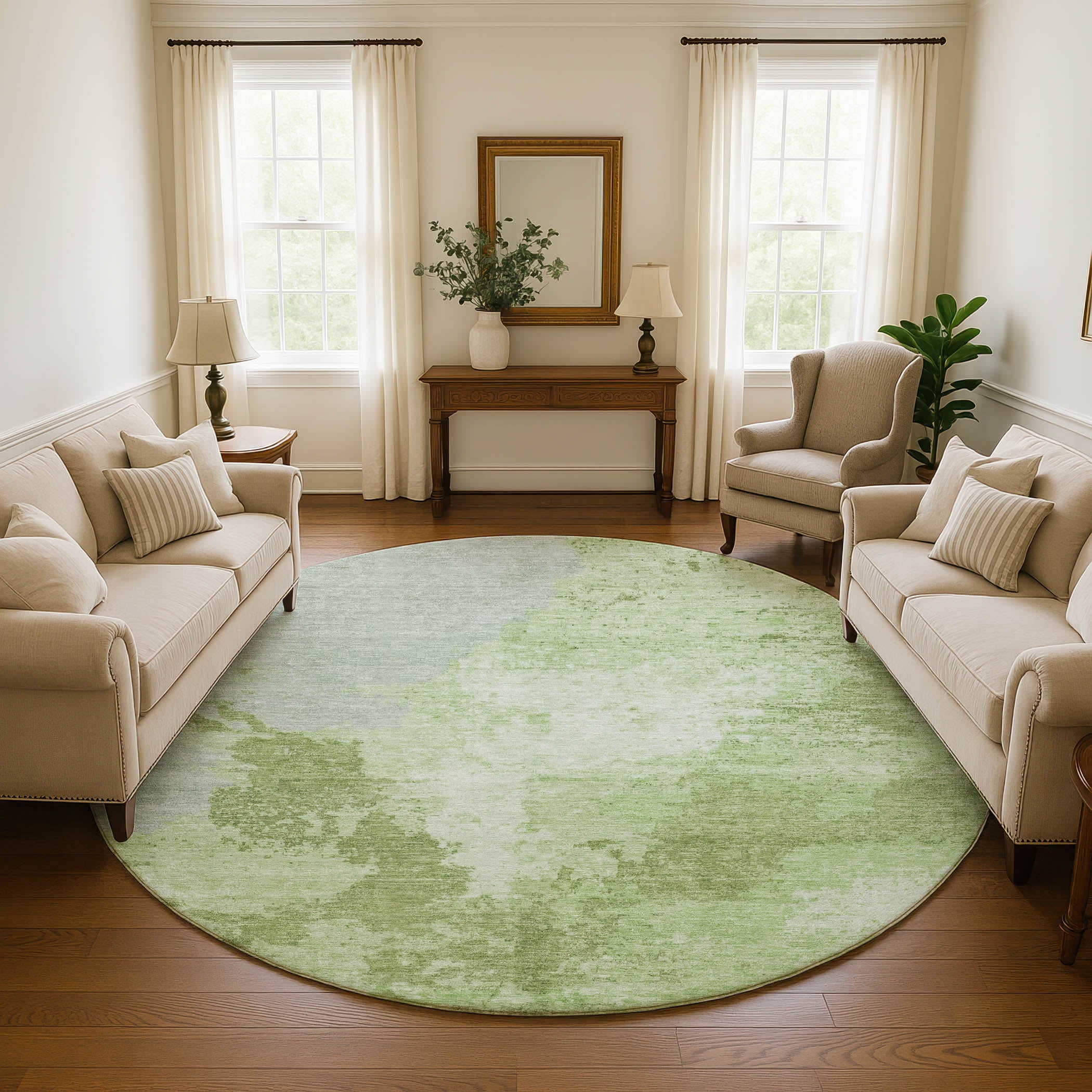 Montevideo Machine Washable Transitional Aloe Green Rug 8' x 8' #shape_Round