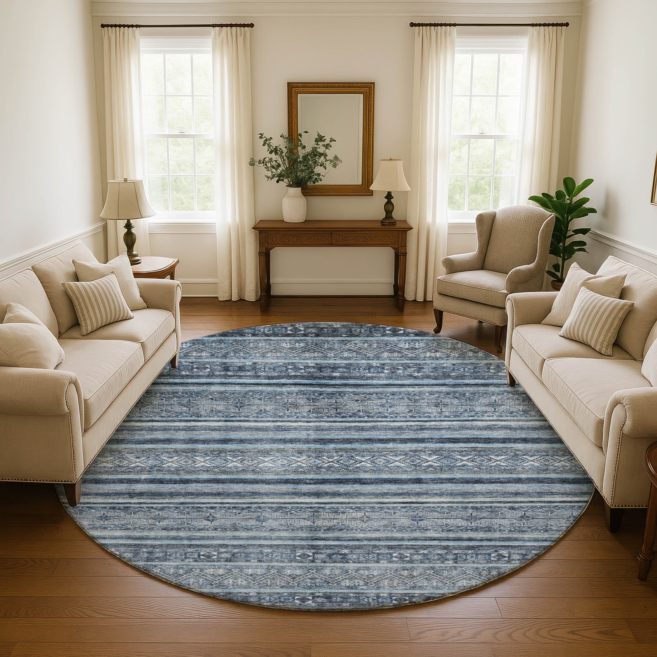 Bergen Machine Washable Transitional Blue Rug 8' x 8' #shape_Round