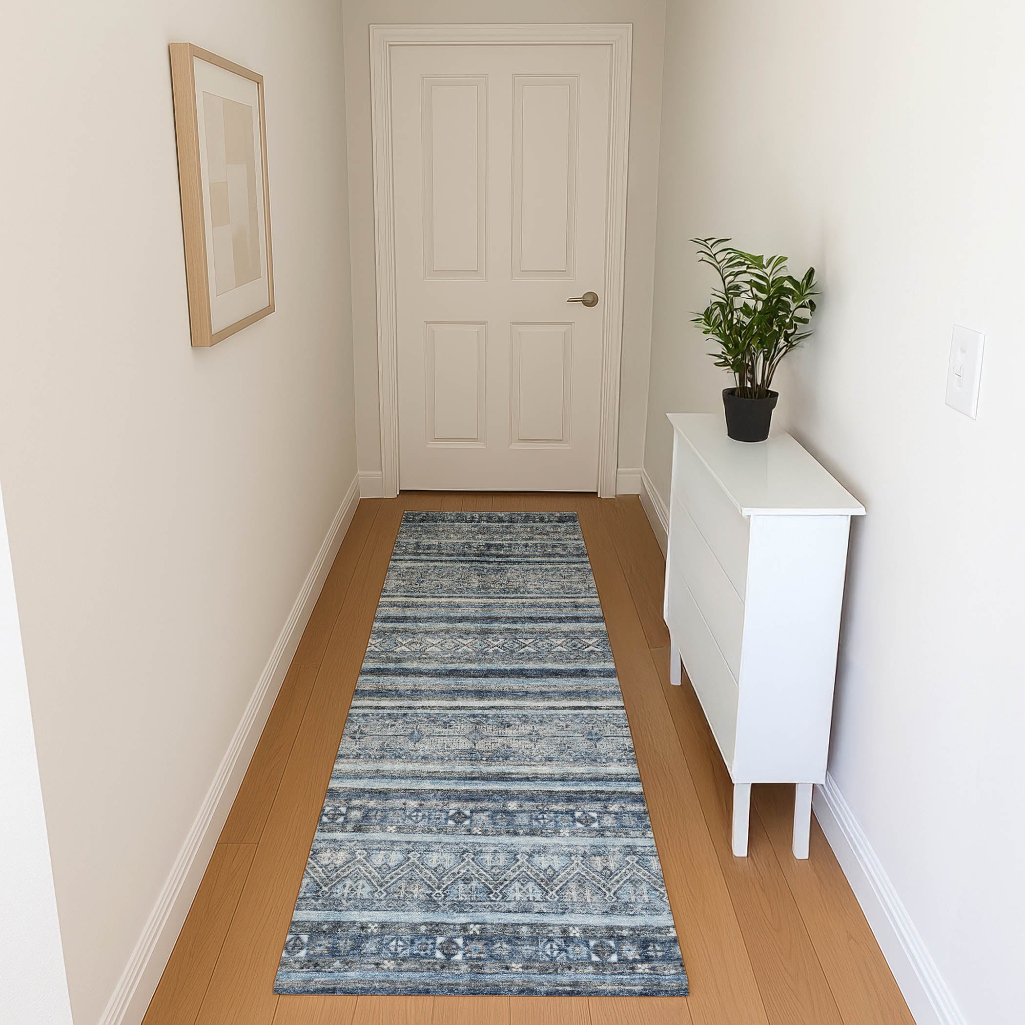 Bergen Machine Washable Transitional Blue Rug 2'3" x 7'6" #shape_Runner