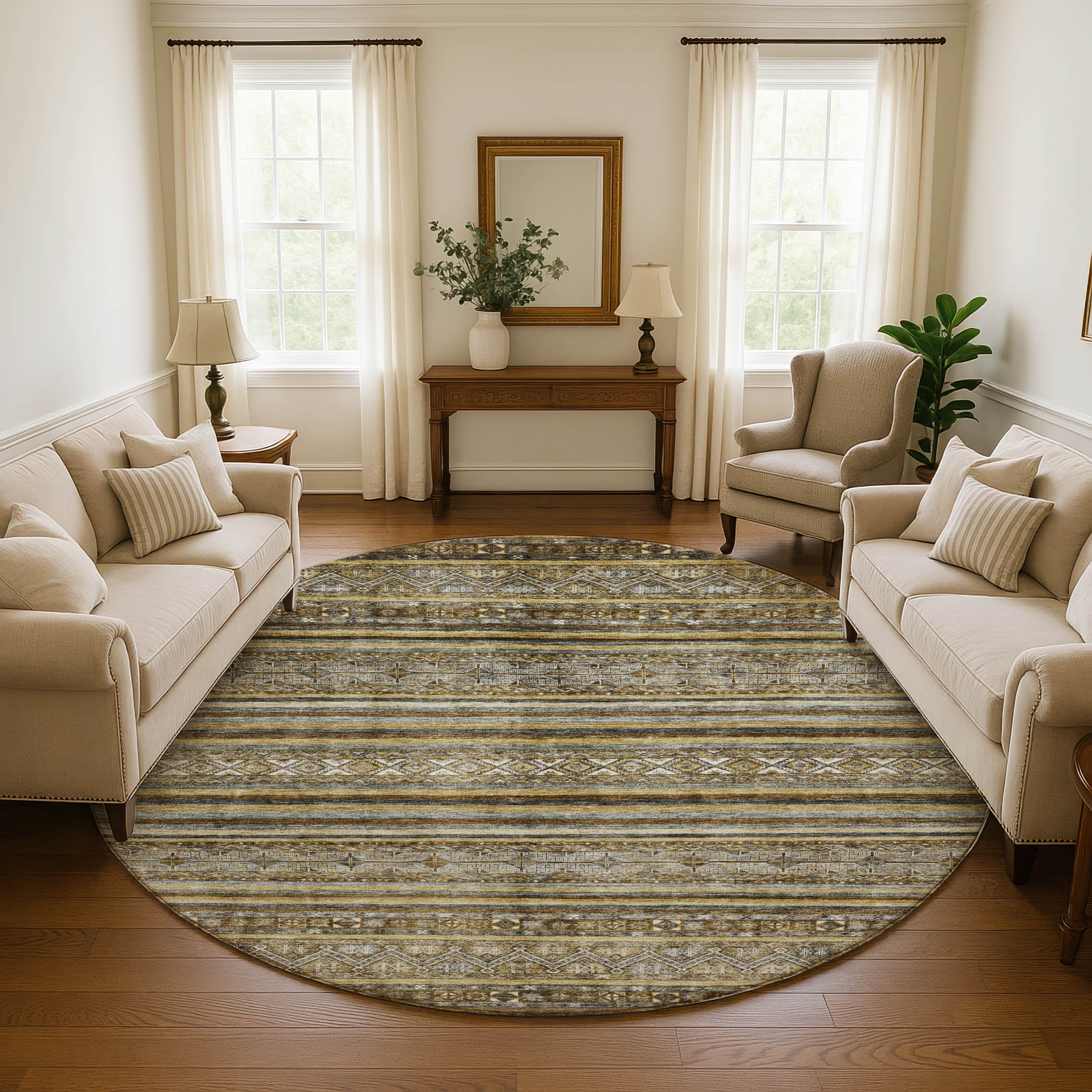 Bergen Machine Washable Transitional Brown Rug 8' x 8' #shape_Round