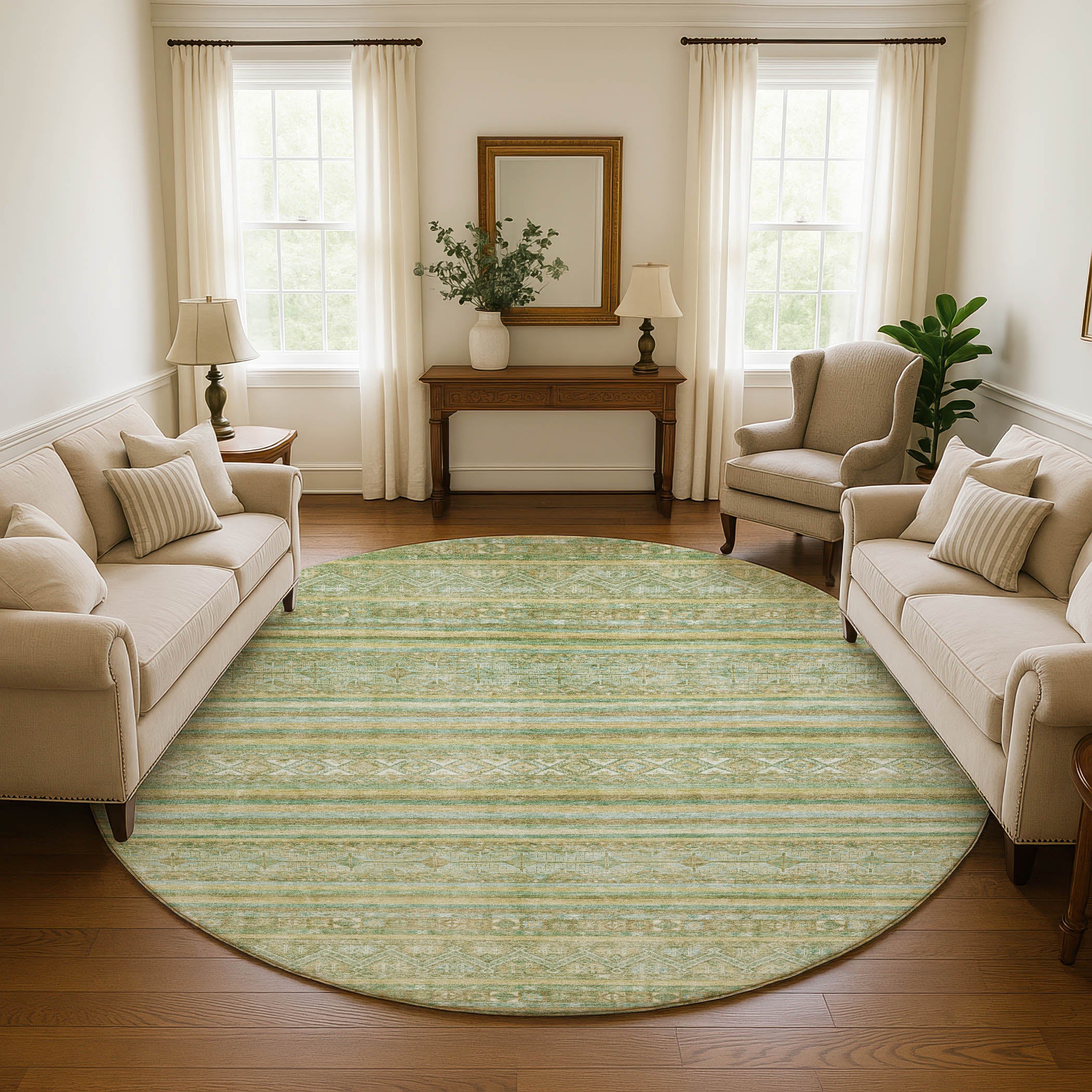 Bergen Machine Washable Transitional Green Rug 8' x 8' #shape_Round