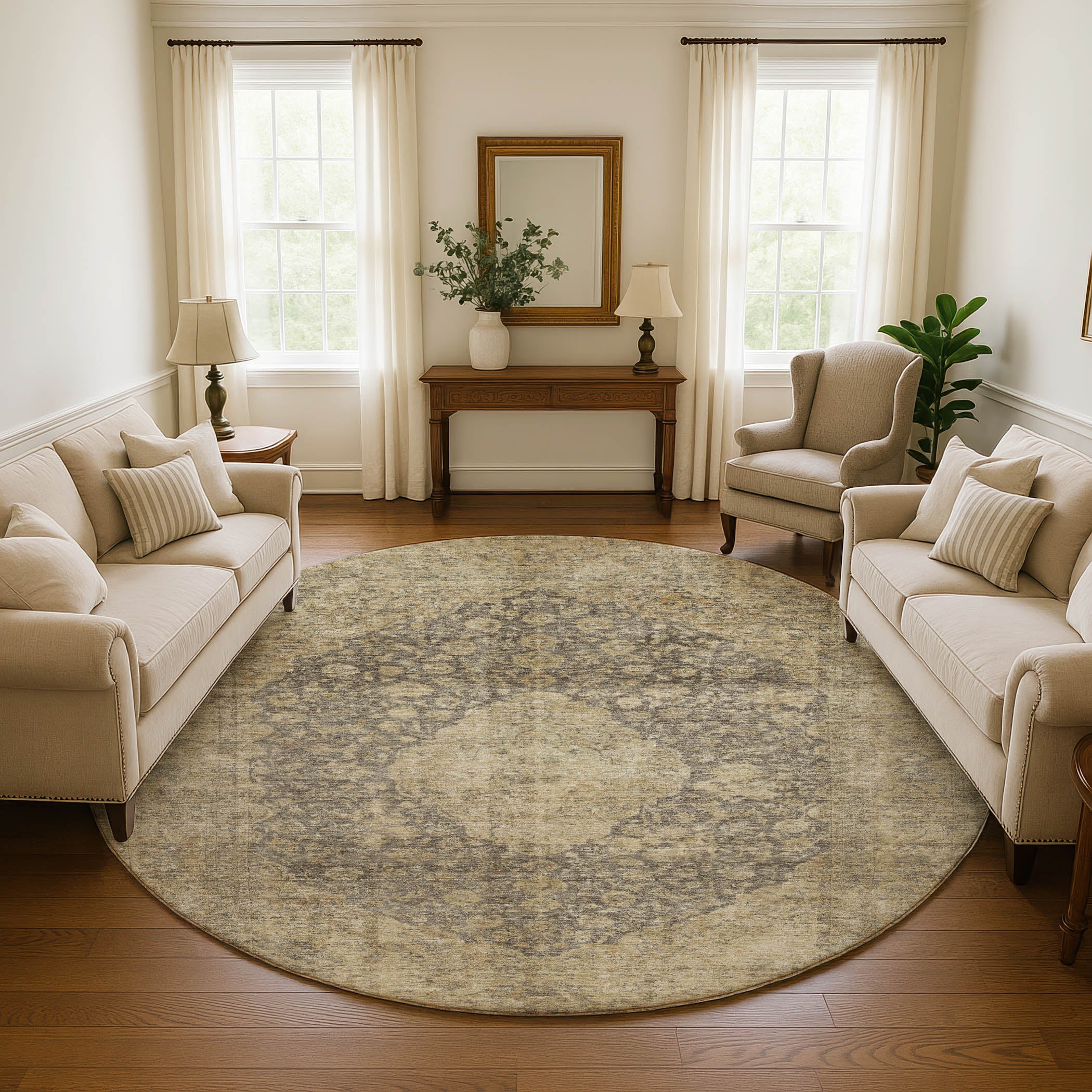 Seville Machine Washable Traditional Brown Rug 8' x 8' #shape_Round