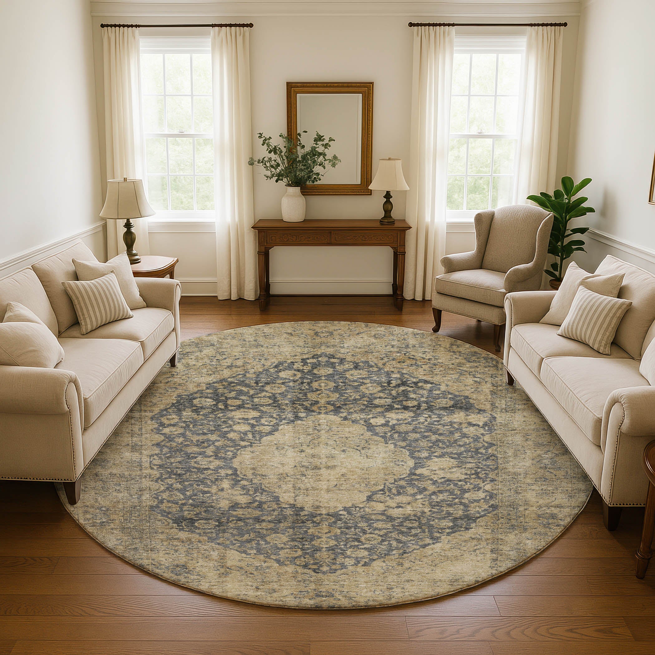 Seville Machine Washable Traditional Charcoal Gray Rug 8' x 8' #shape_Round