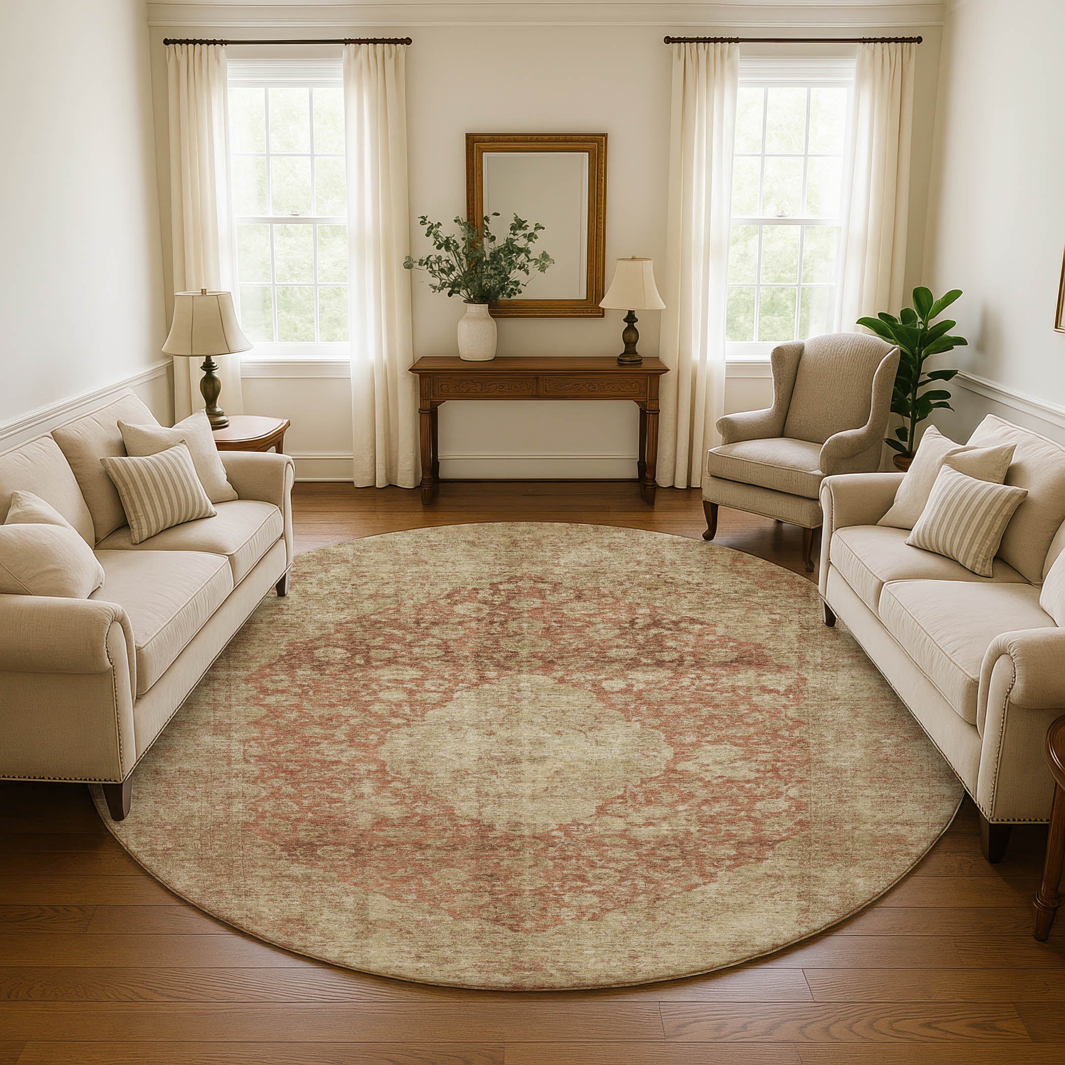Seville Machine Washable Traditional Paprika Orange Rug 8' x 8' #shape_Round