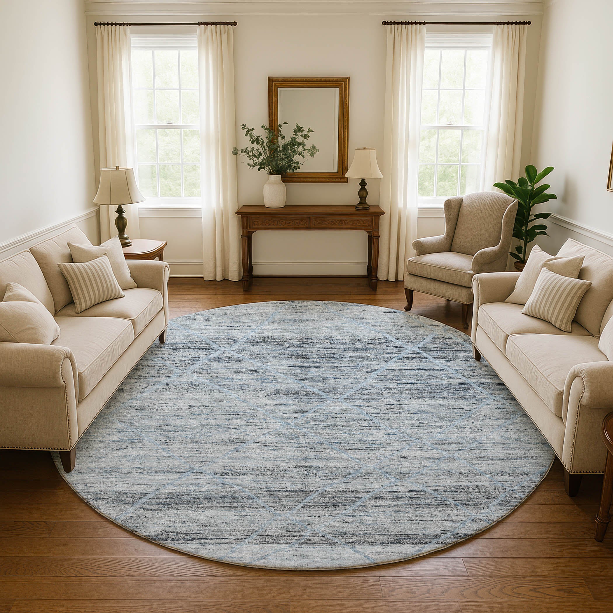 Nairobi Machine Washable Transitional Blue Rug 8' x 8' #shape_Round