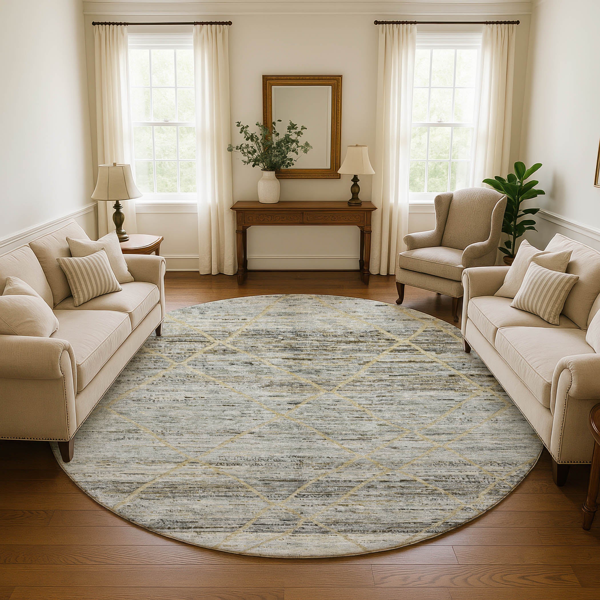 Nairobi Machine Washable Transitional Pewter Gray Rug 8' x 8' #shape_Round