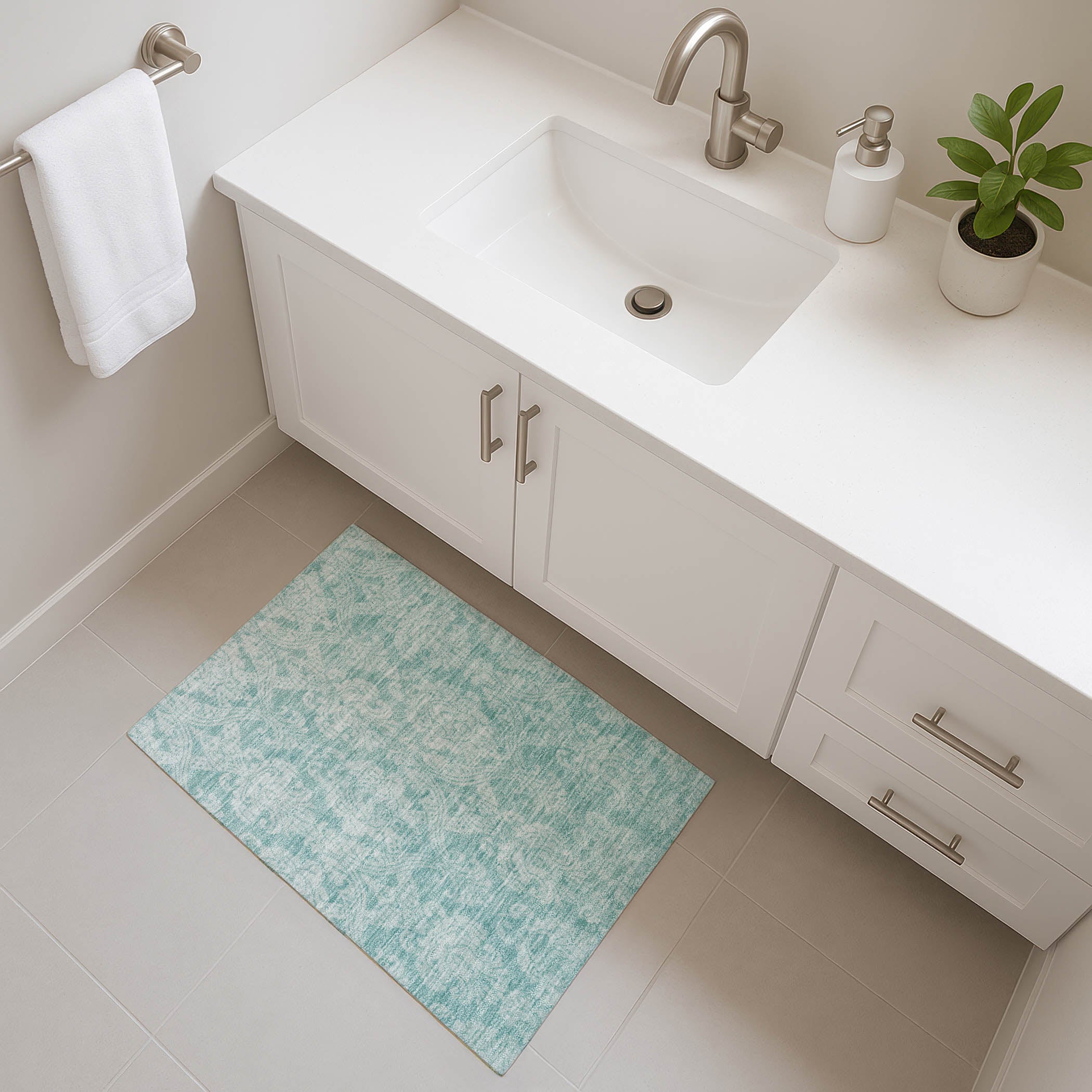 Split Machine Washable Transitional Aqua Teal Rug 1'8" x 2'6" #shape_Rectangle