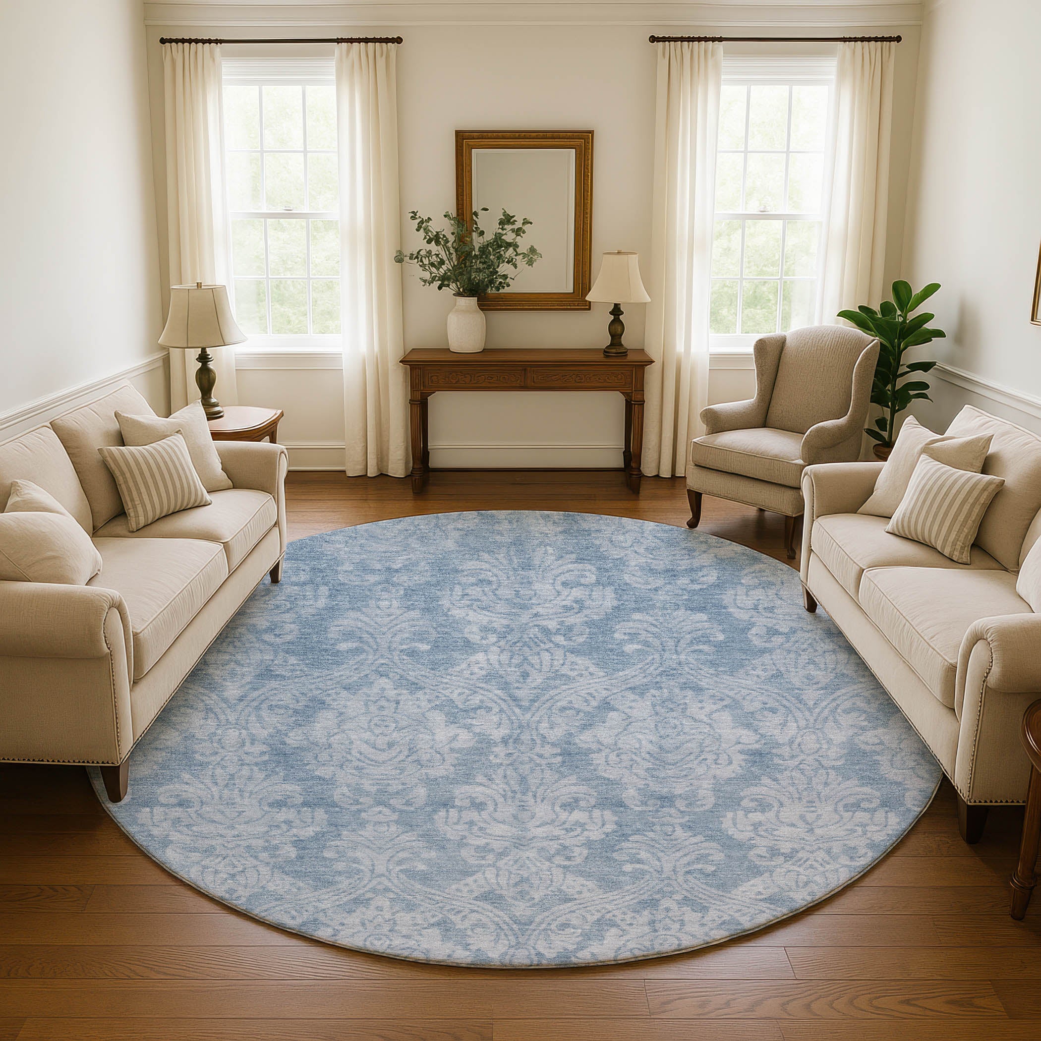 Split Machine Washable Transitional Blue Rug 8' x 8' #shape_Round