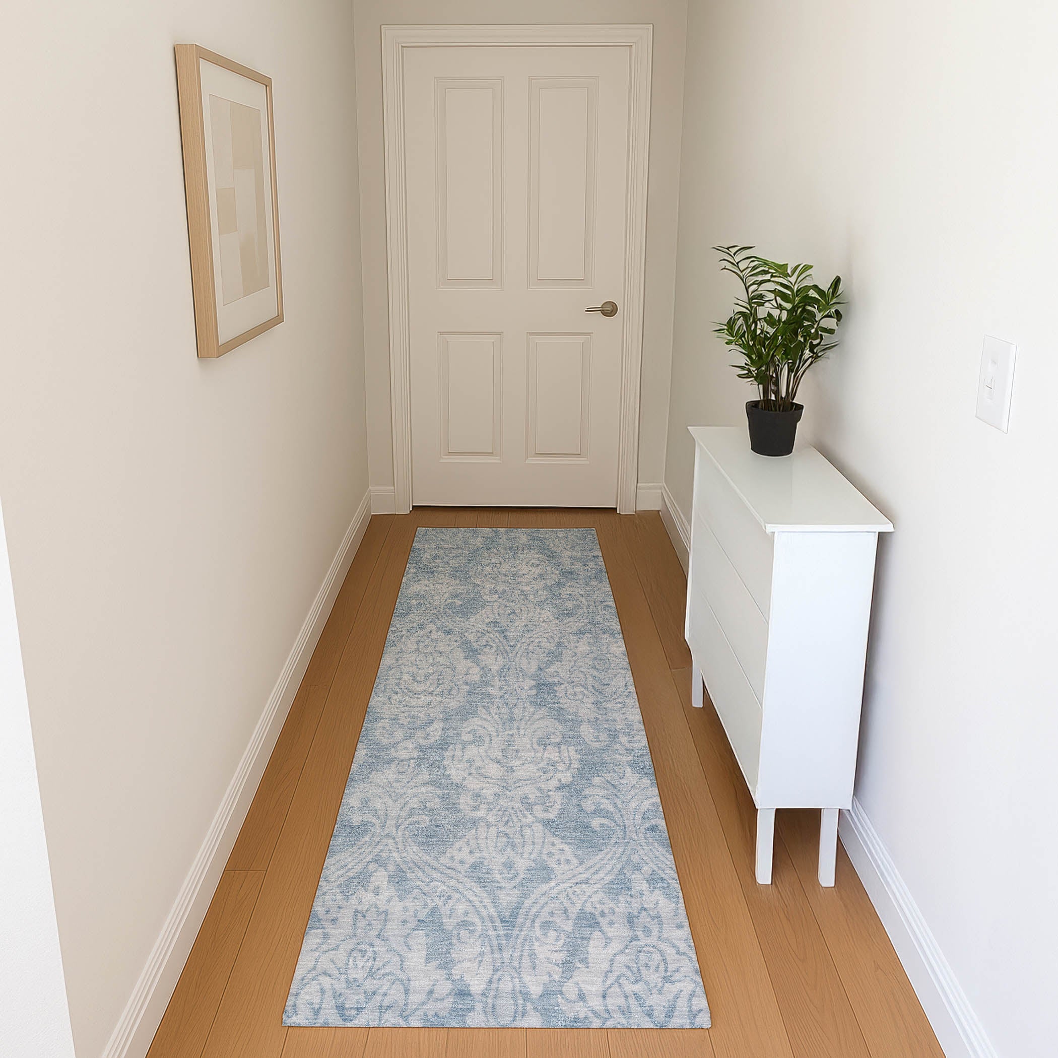 Split Machine Washable Transitional Blue Rug 2'3" x 7'6" #shape_Runner