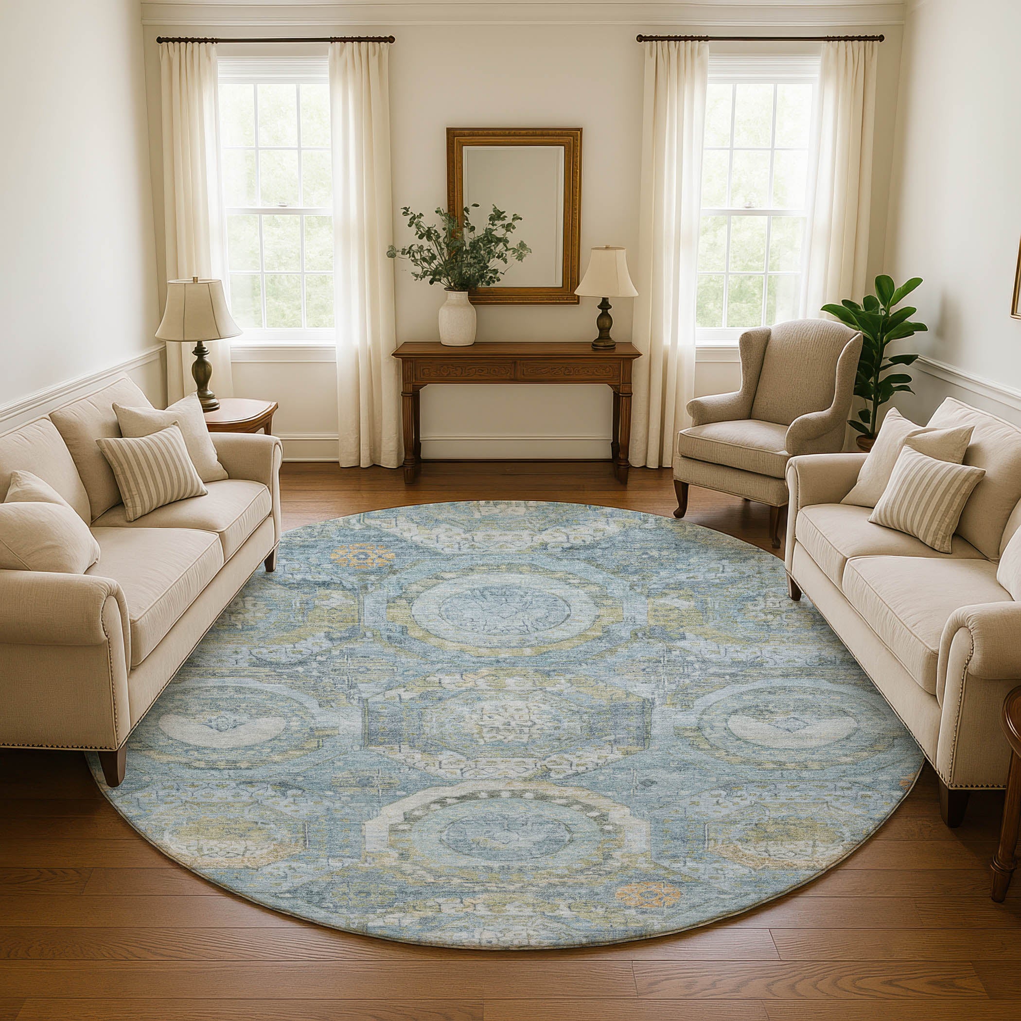 Seoul Machine Washable Transitional Blue Rug 8' x 8' #shape_Round