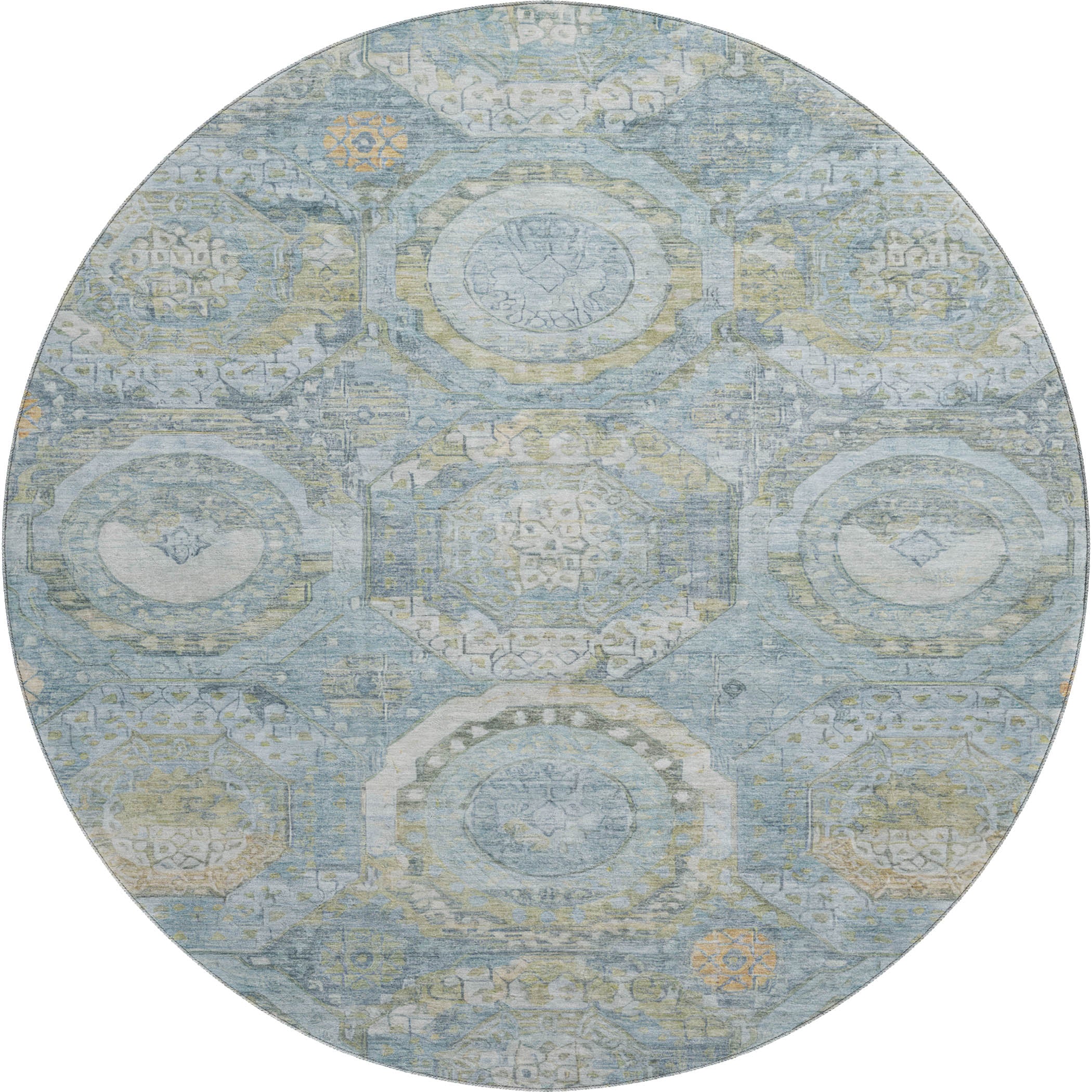Seoul Machine Washable Transitional Blue Rug 8' x 8' #shape_Round
