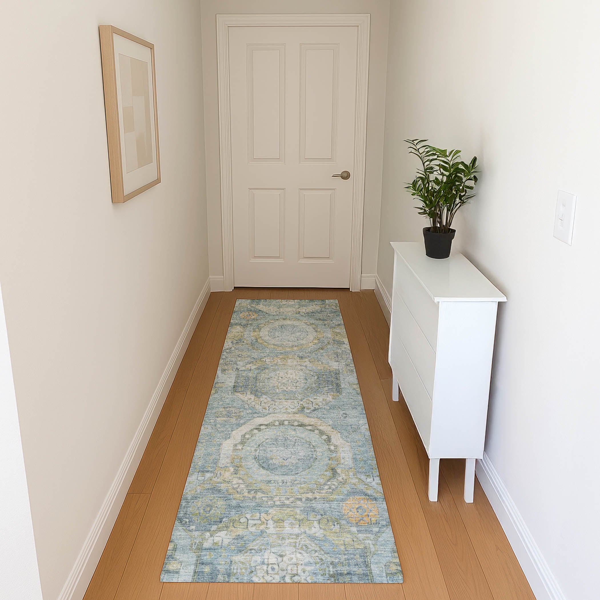 Seoul Machine Washable Transitional Blue Rug 2'3" x 7'6" #shape_Runner