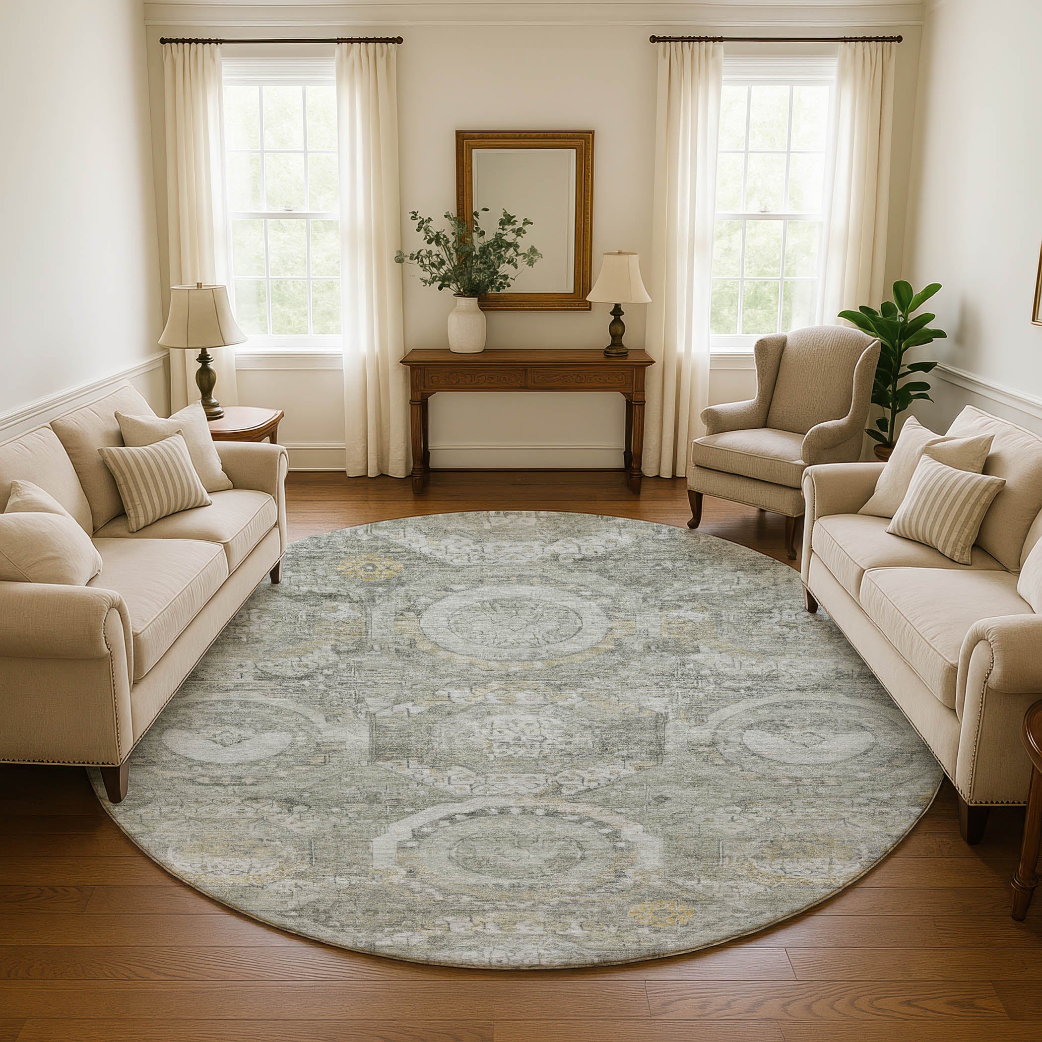 Seoul Machine Washable Transitional Pewter Gray Rug 8' x 8' #shape_Round