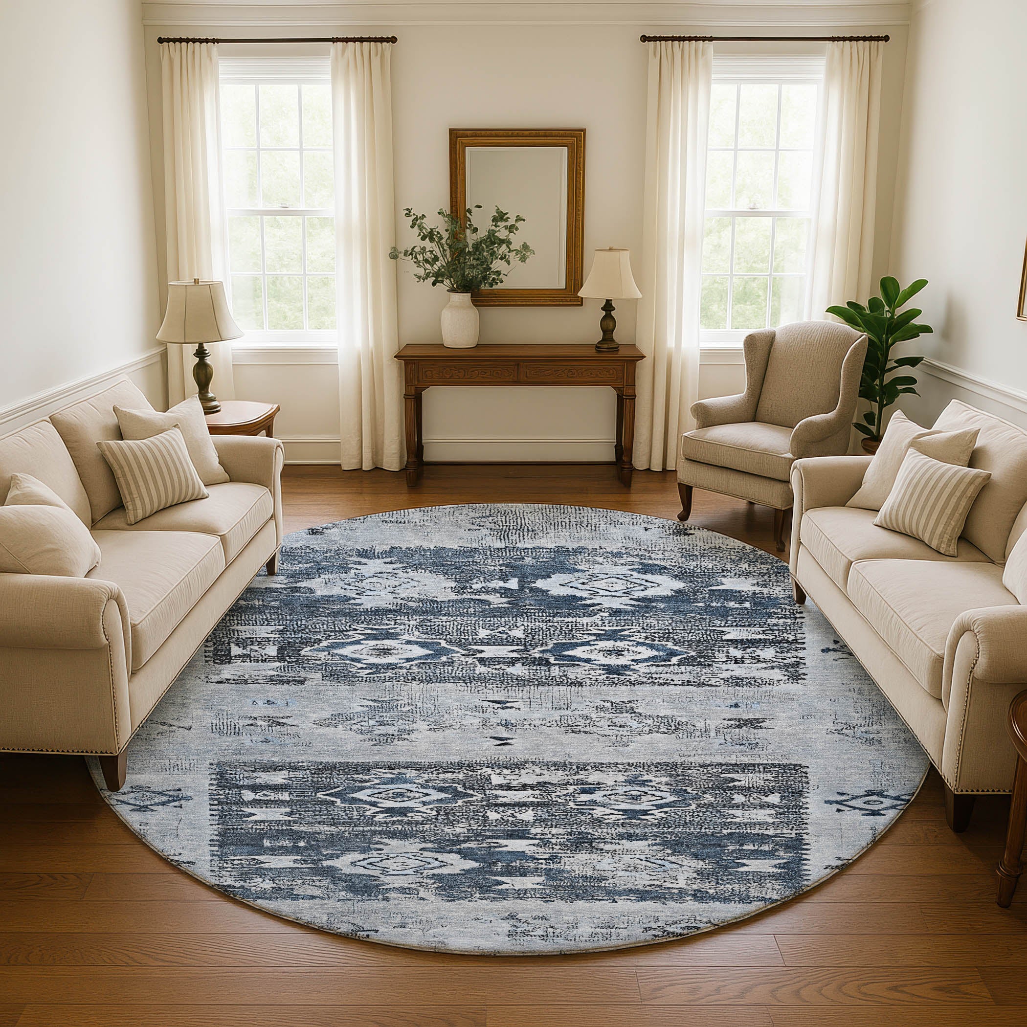Kotor Machine Washable Transitional Blue Rug 8' x 8' #shape_Round