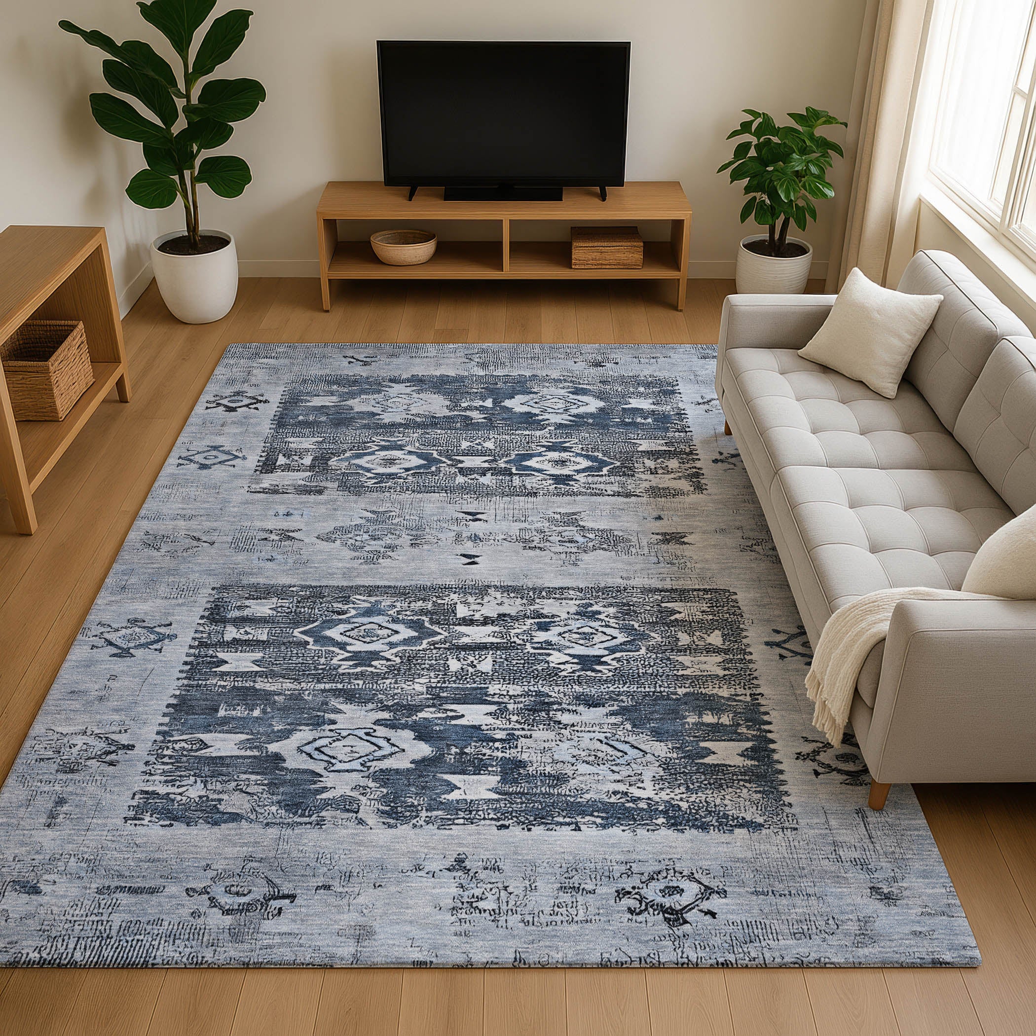 Kotor Machine Washable Transitional Blue Rug 2'6" x 3'10" #shape_Rectangle