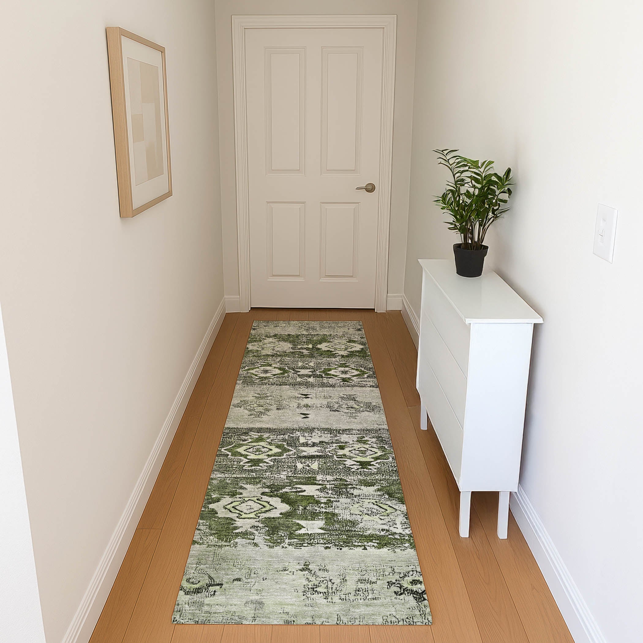 Kotor Machine Washable Transitional Olive Green Rug 2'3" x 7'6" #shape_Runner