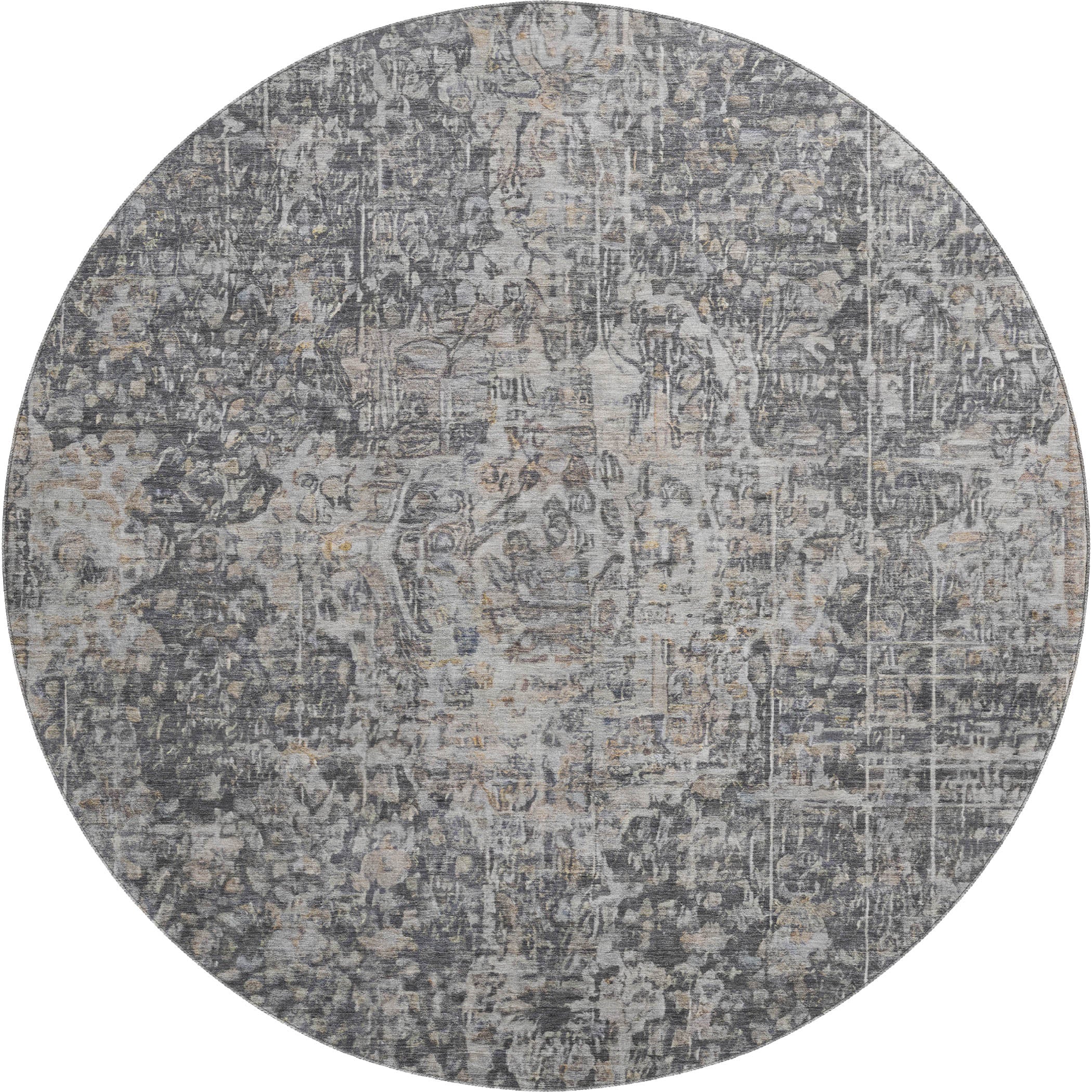 Bogota Machine Washable Traditional Charcoal Gray Rug 8' x 8' #shape_Round