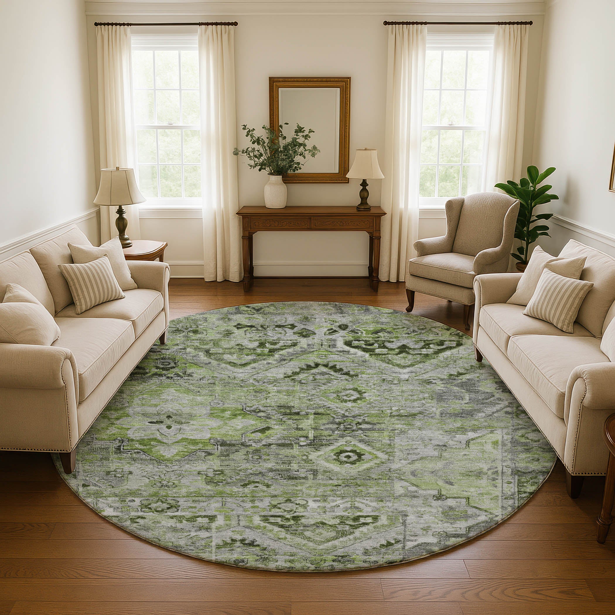 Montevideo Machine Washable Traditional Aloe Green Rug 8' x 8' #shape_Round