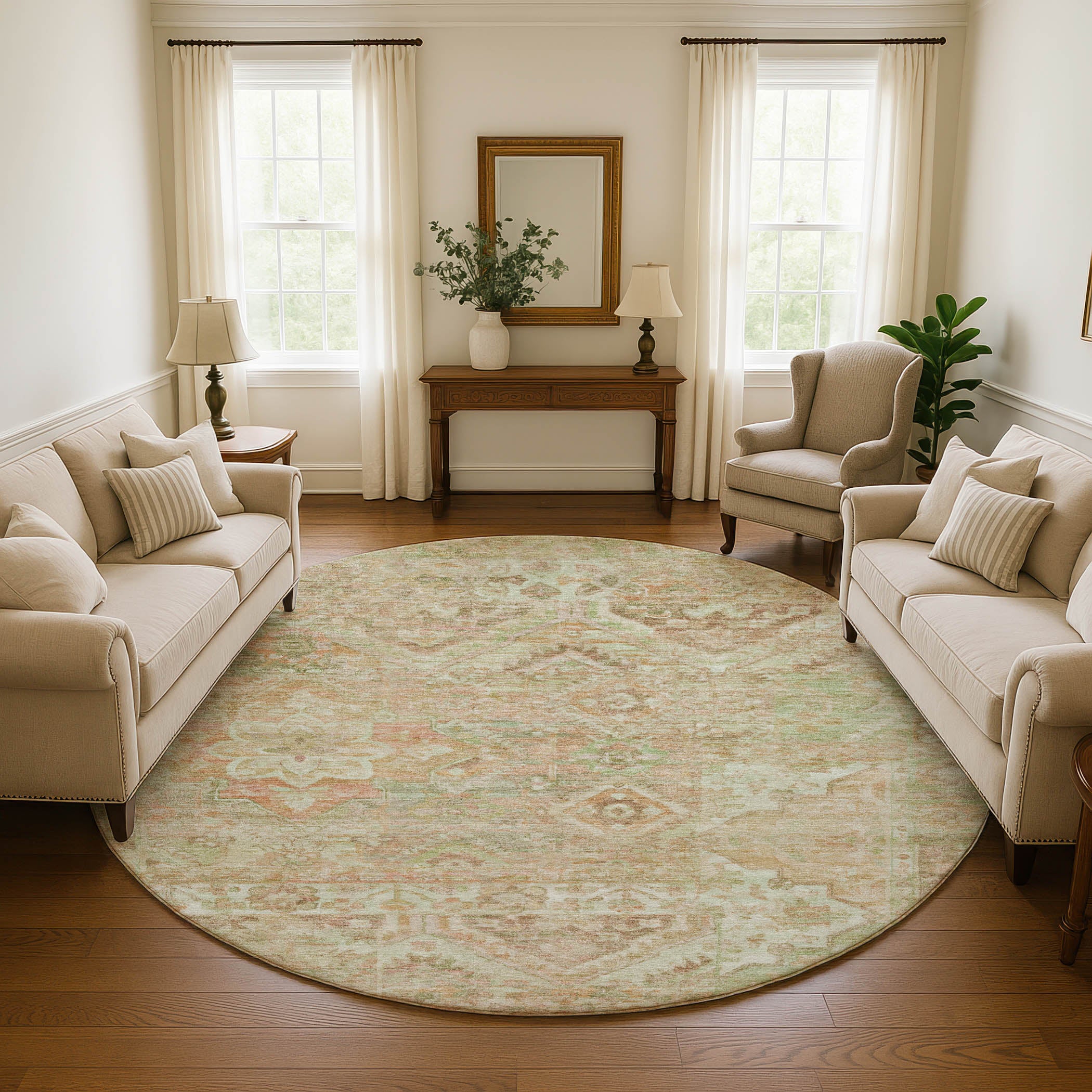 Montevideo Machine Washable Traditional Salmon Orange Rug 8' x 8' #shape_Round