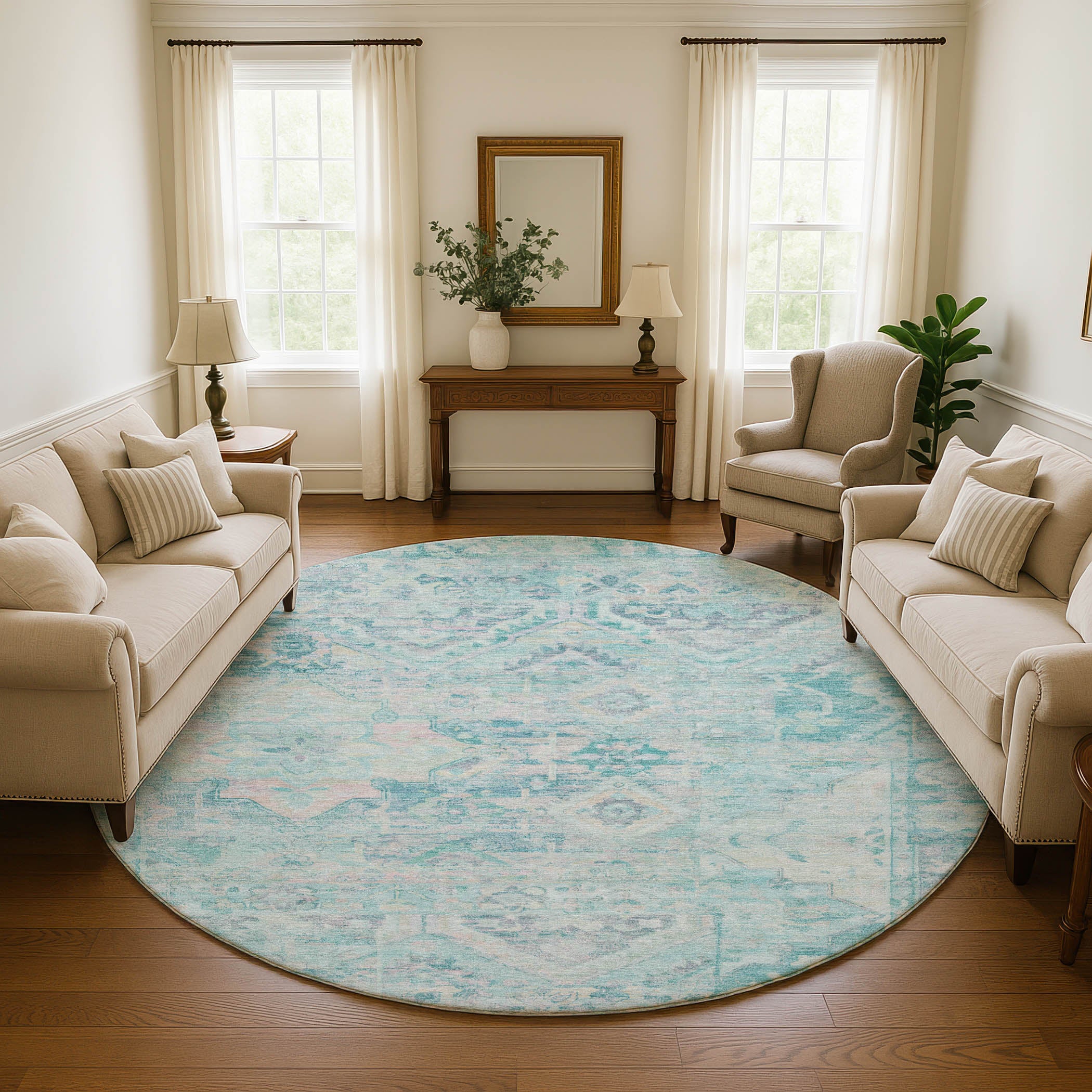 Montevideo Machine Washable Traditional Teal Rug 8' x 8' #shape_Round