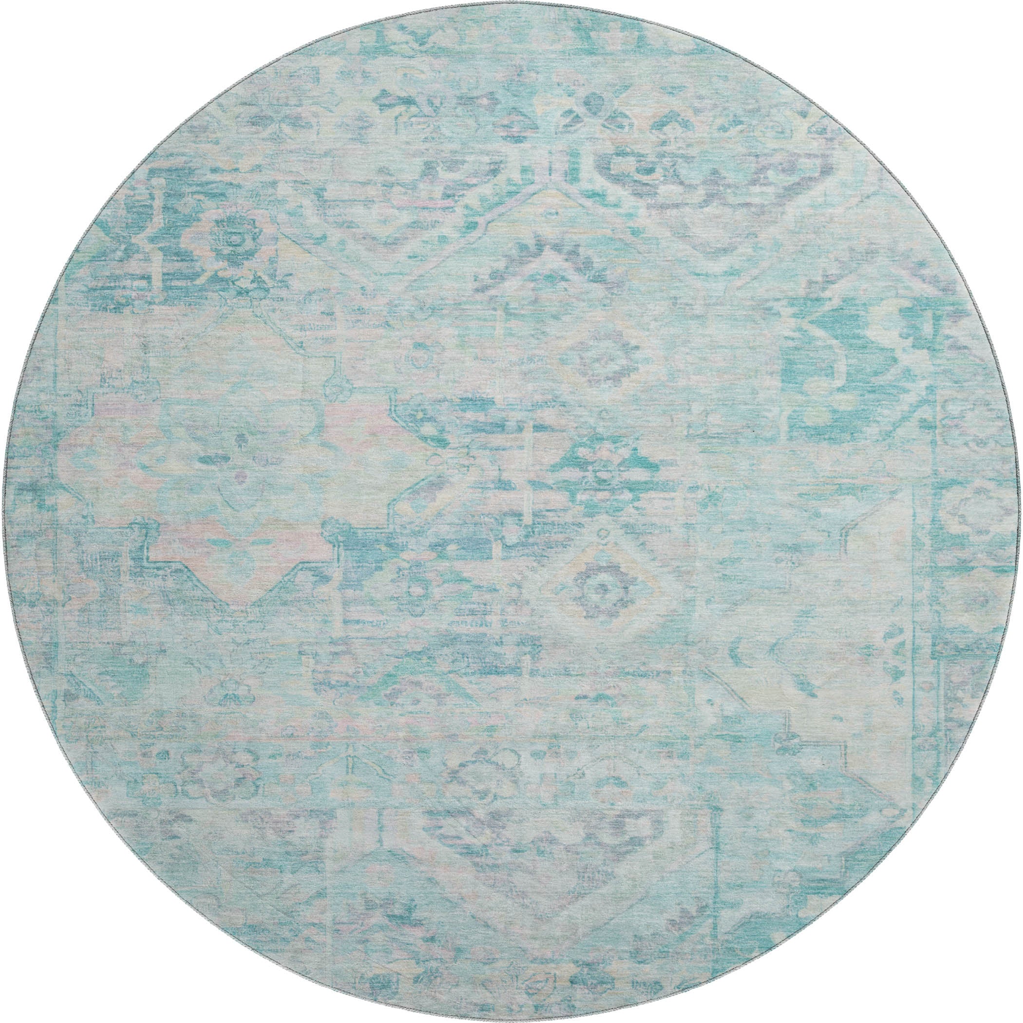 Montevideo Machine Washable Traditional Teal Rug 8' x 8' #shape_Round