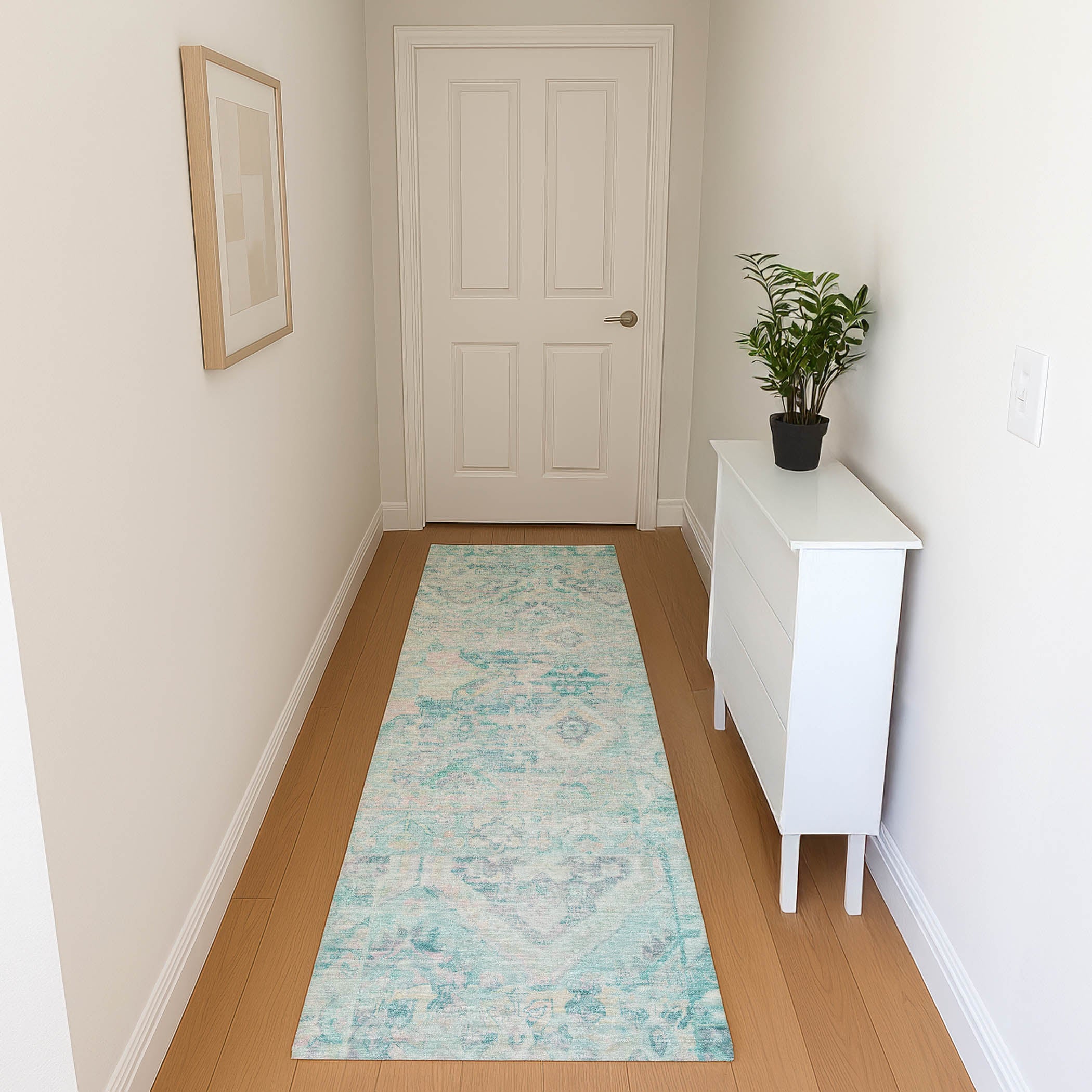 Montevideo Machine Washable Traditional Teal Rug 2'3" x 7'6" #shape_Runner