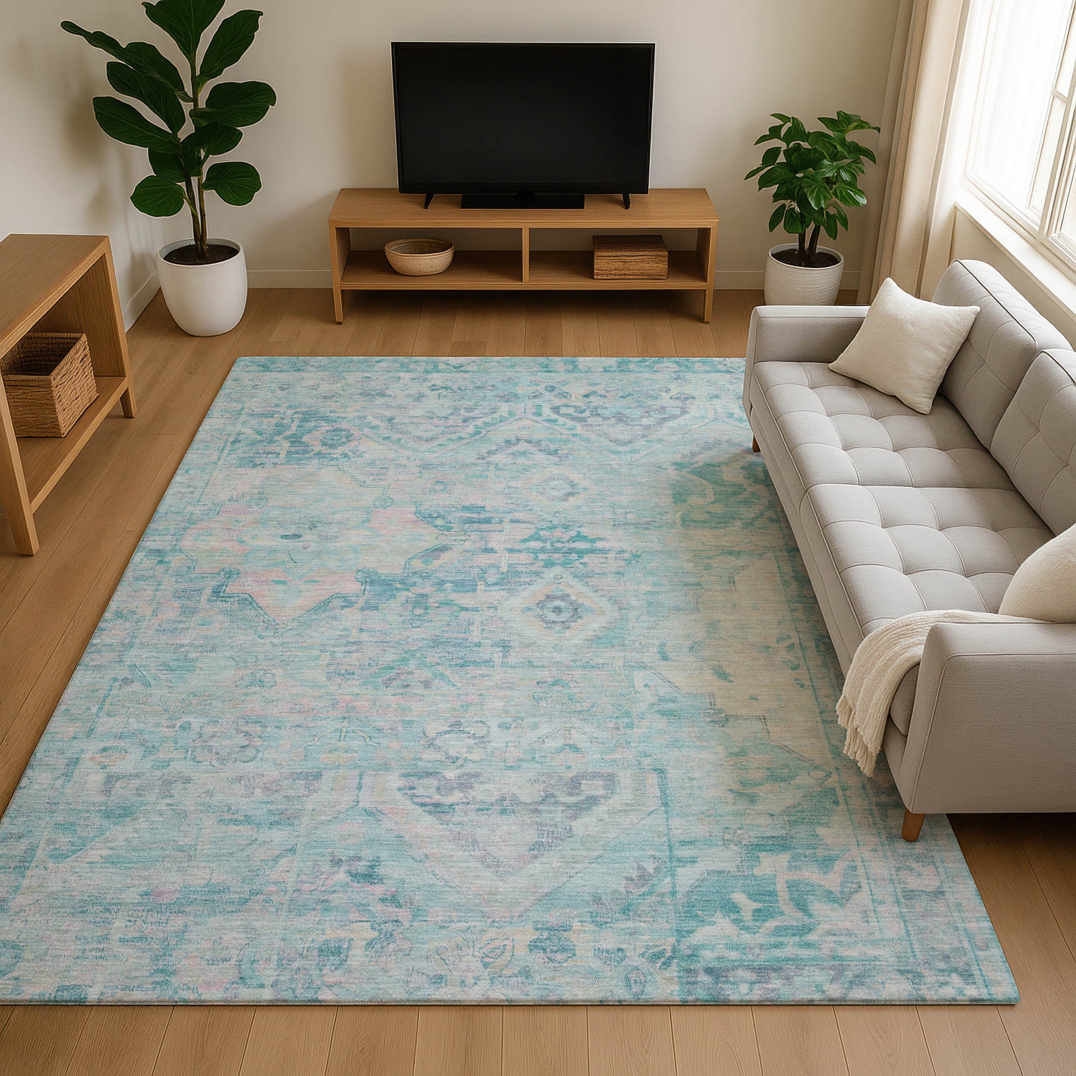 Montevideo Machine Washable Traditional Teal Rug 2'6" x 3'10" #shape_Rectangle