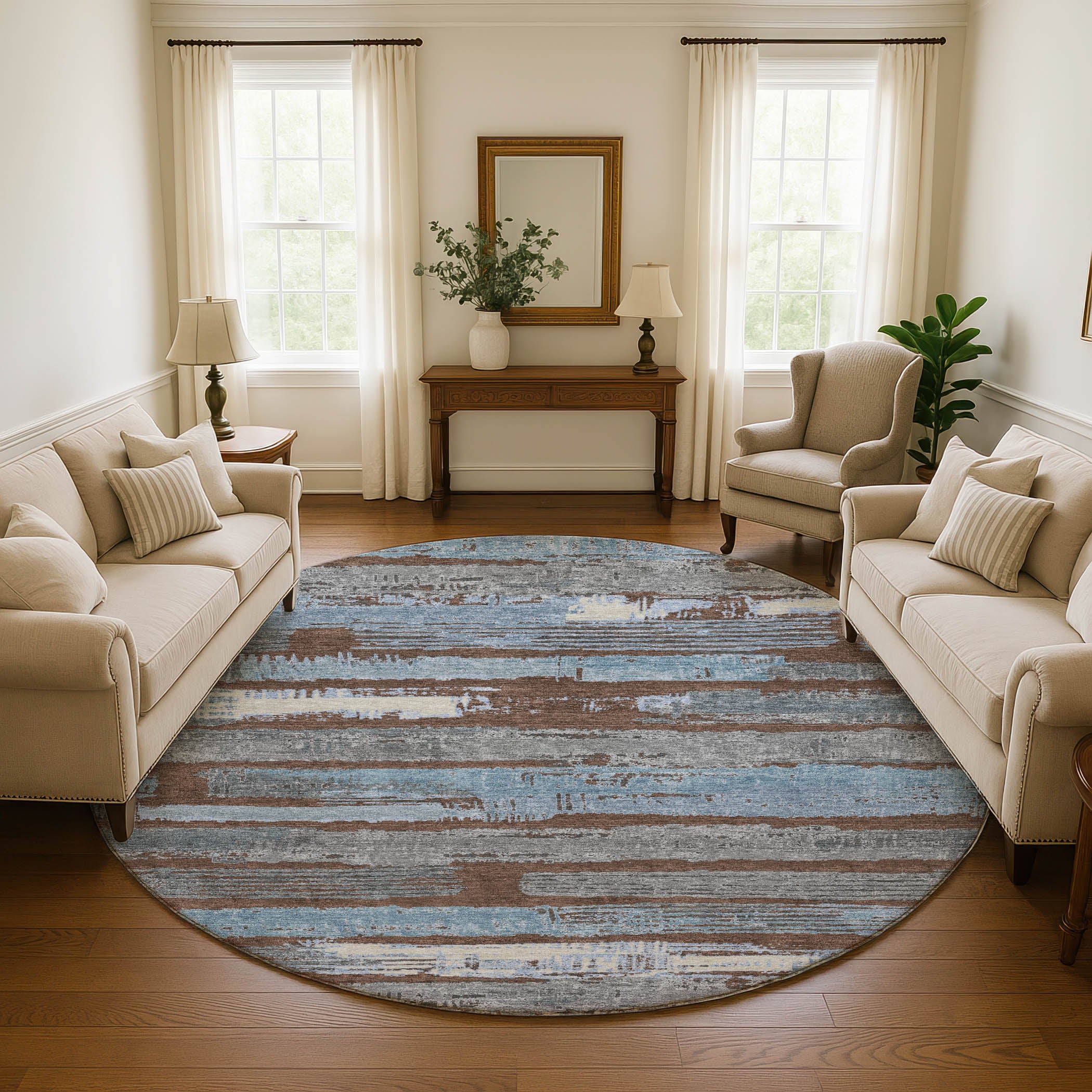 Chiang Mai Machine Washable Transitional Chocolate Brown Rug 8' x 8' #shape_Round