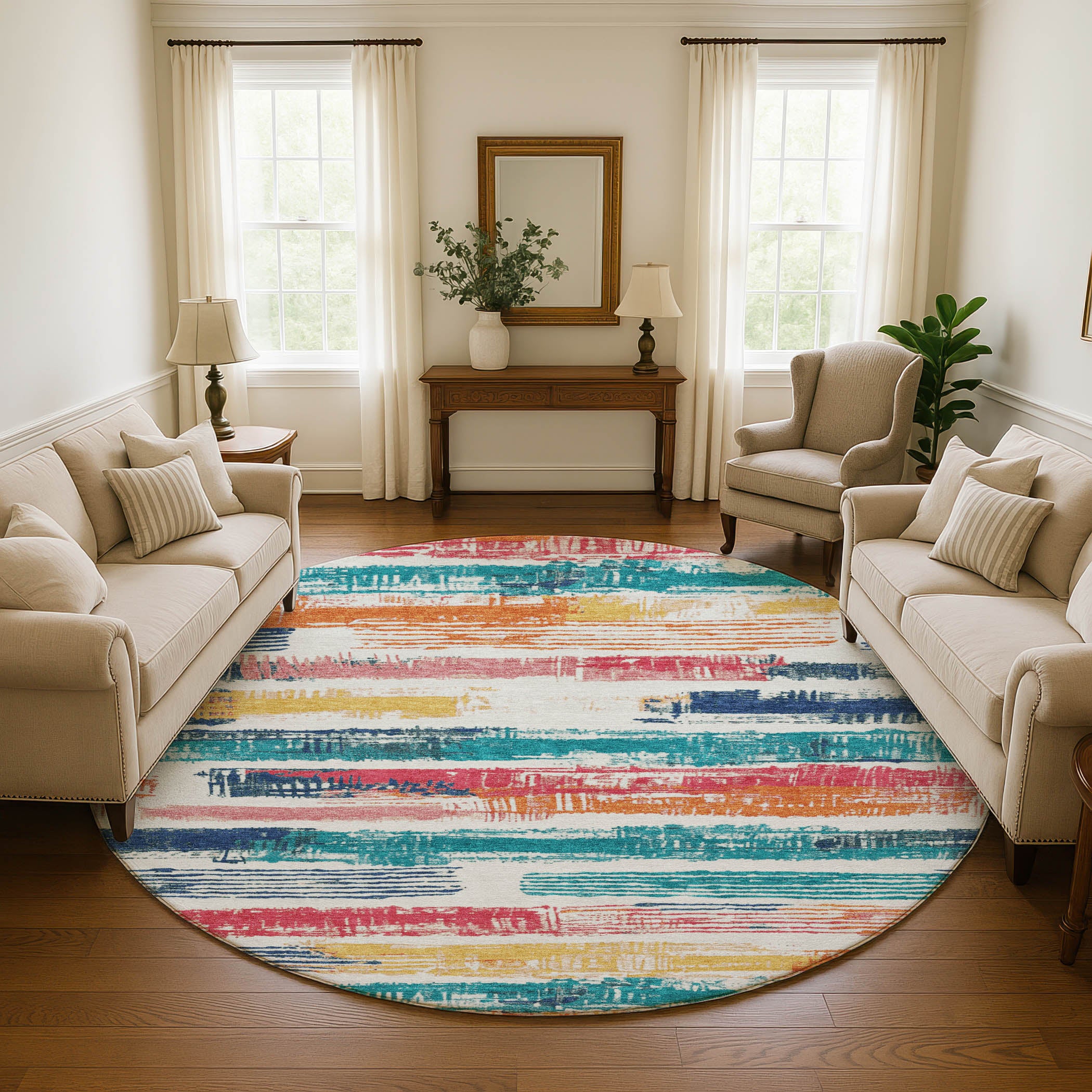 Chiang Mai Machine Washable Transitional Ivory Rug 8' x 8' #shape_Round