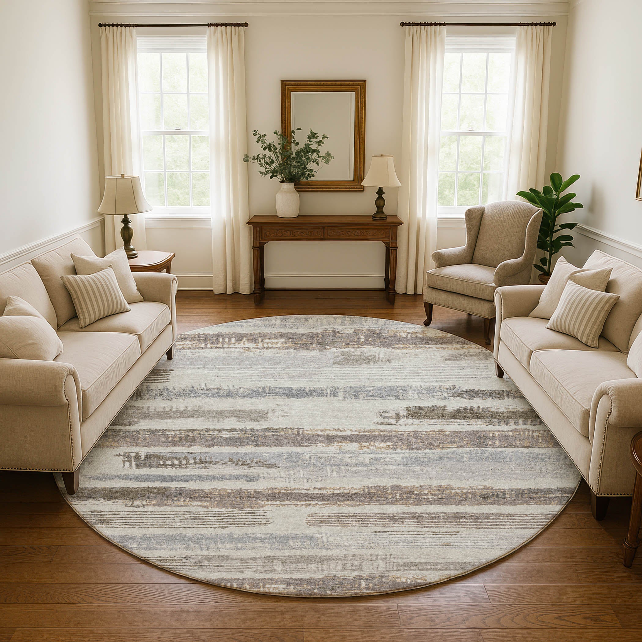 Chiang Mai Machine Washable Transitional Linen Ivory Rug 8' x 8' #shape_Round