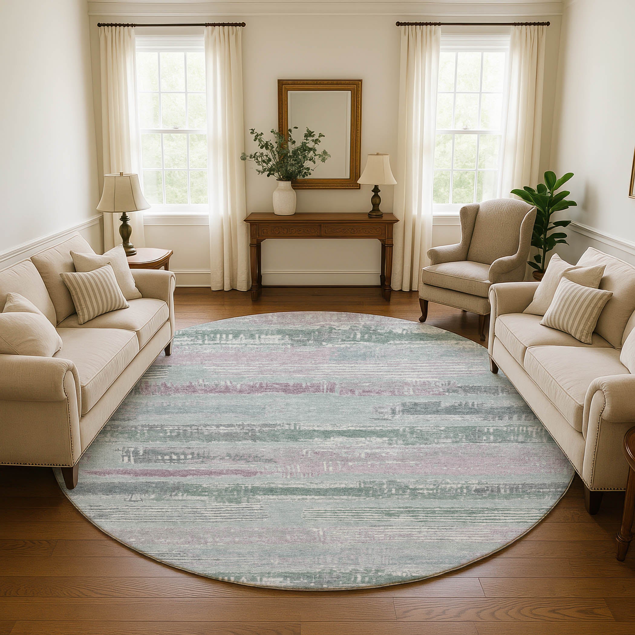 Chiang Mai Machine Washable Transitional Seafoam Blue Rug 8' x 8' #shape_Round