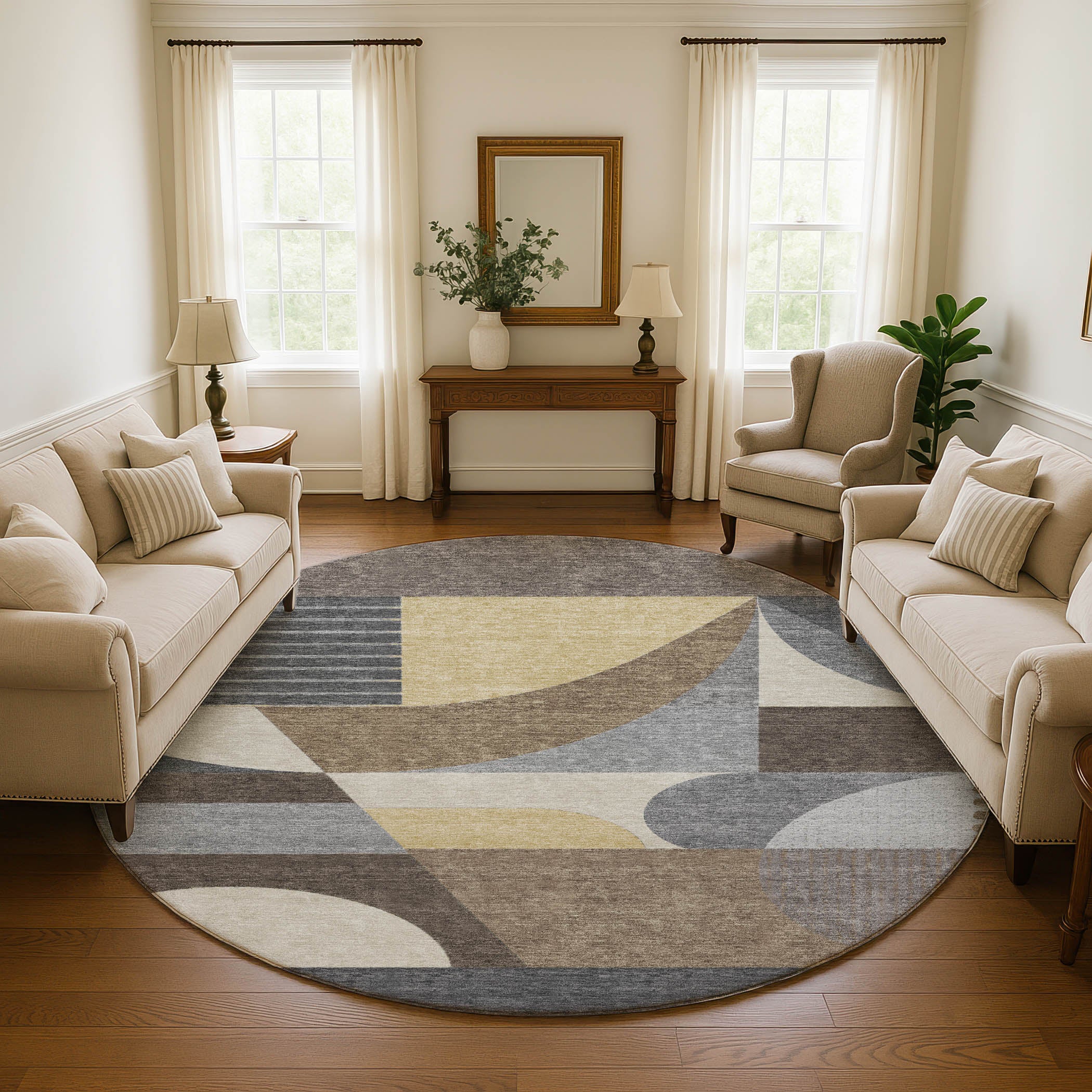 Zanzibar Machine Washable Transitional Brown Rug 8' x 8' #shape_Round